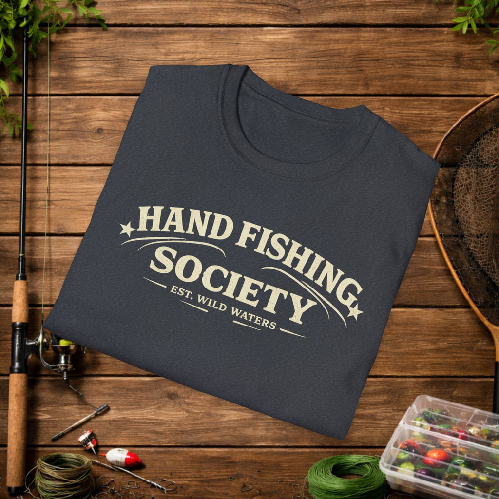 Hand Fishing Society Shirt – Catfish Noodling Tee – Wild Waters Fishing Shirt – River Life Outdoor Apparel