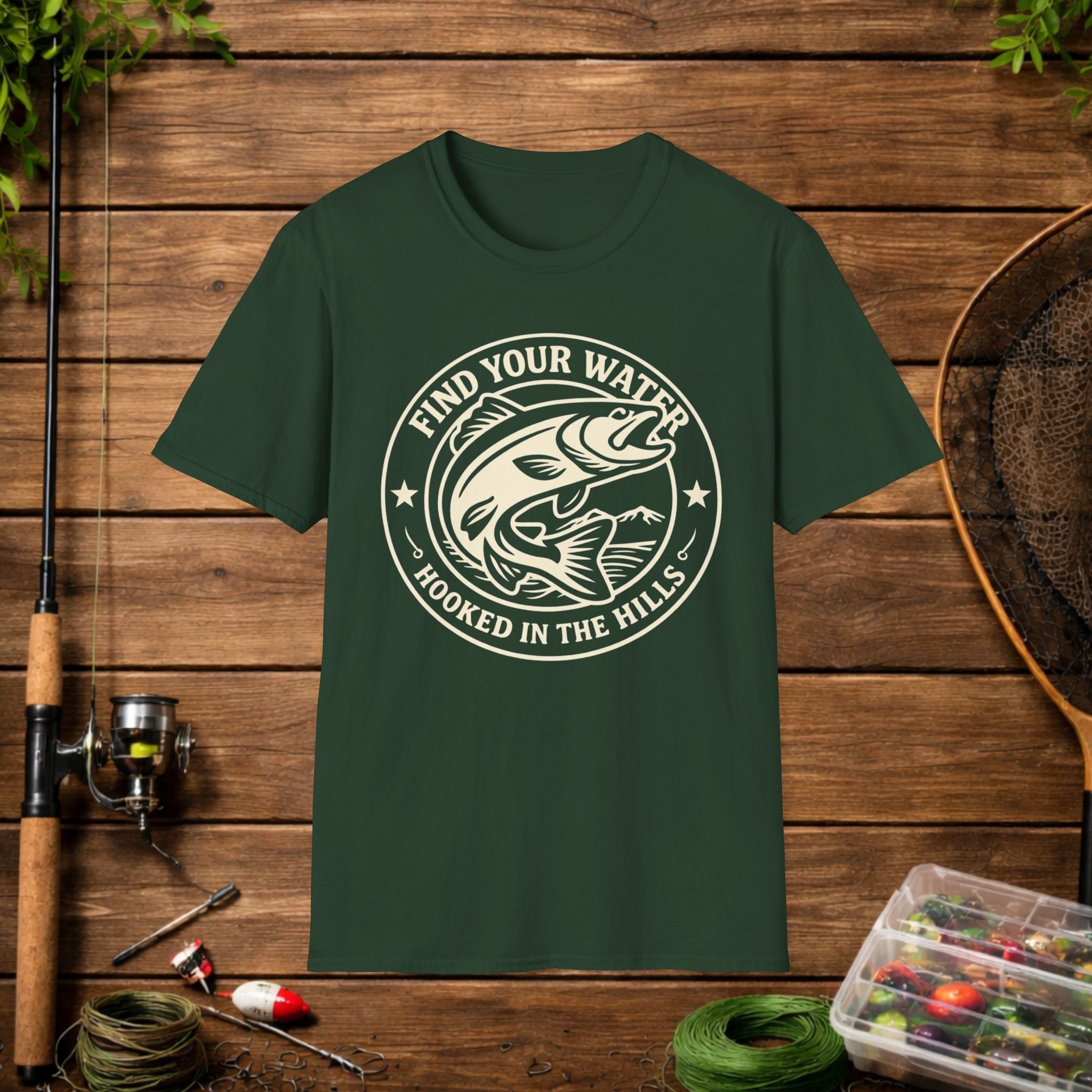 Find Your Water Fishing Shirt – Hooked in the Hills Bass Graphic Tee – Trout & Bass Angler Gift