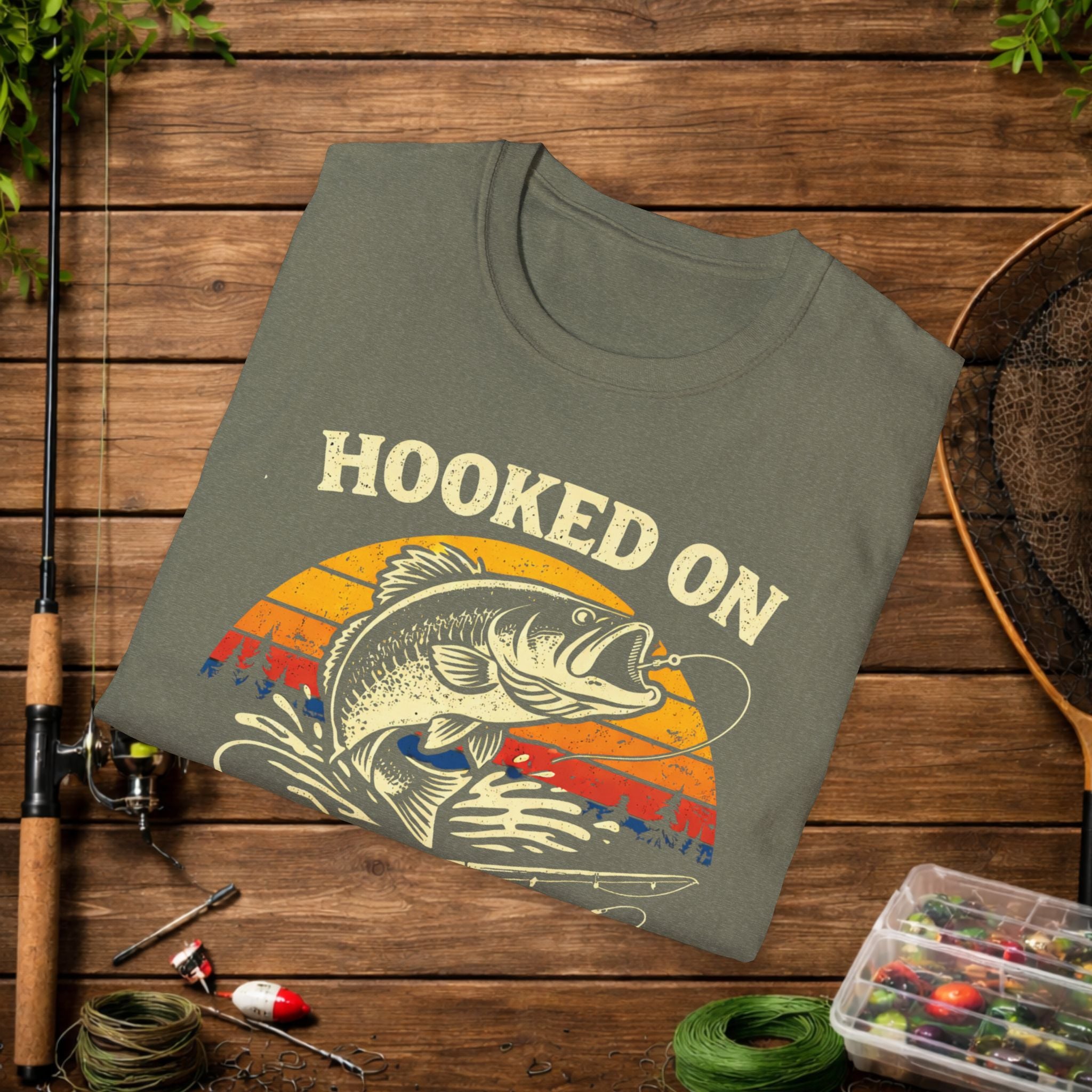 Hooked on Fishing Retro Sunset Shirt – Bass Fishing T-Shirt – Vintage Fisherman Tee – Largemouth Bass Angler Gift