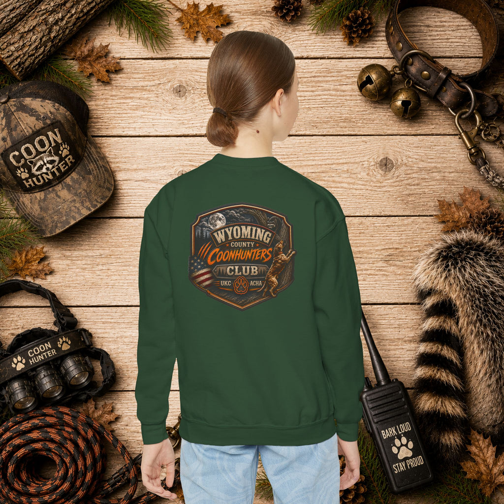 Wyoming Coonhunters Club Youth Crewneck Sweatshirt — Dual Print Banner front/Badge back