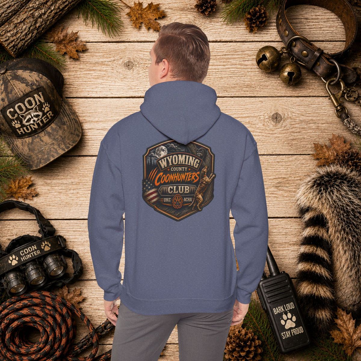Wyoming Coonhunters Club Hoodie – Vintage Coon Hunting Graphic Dual print Banner front/Badge Back
