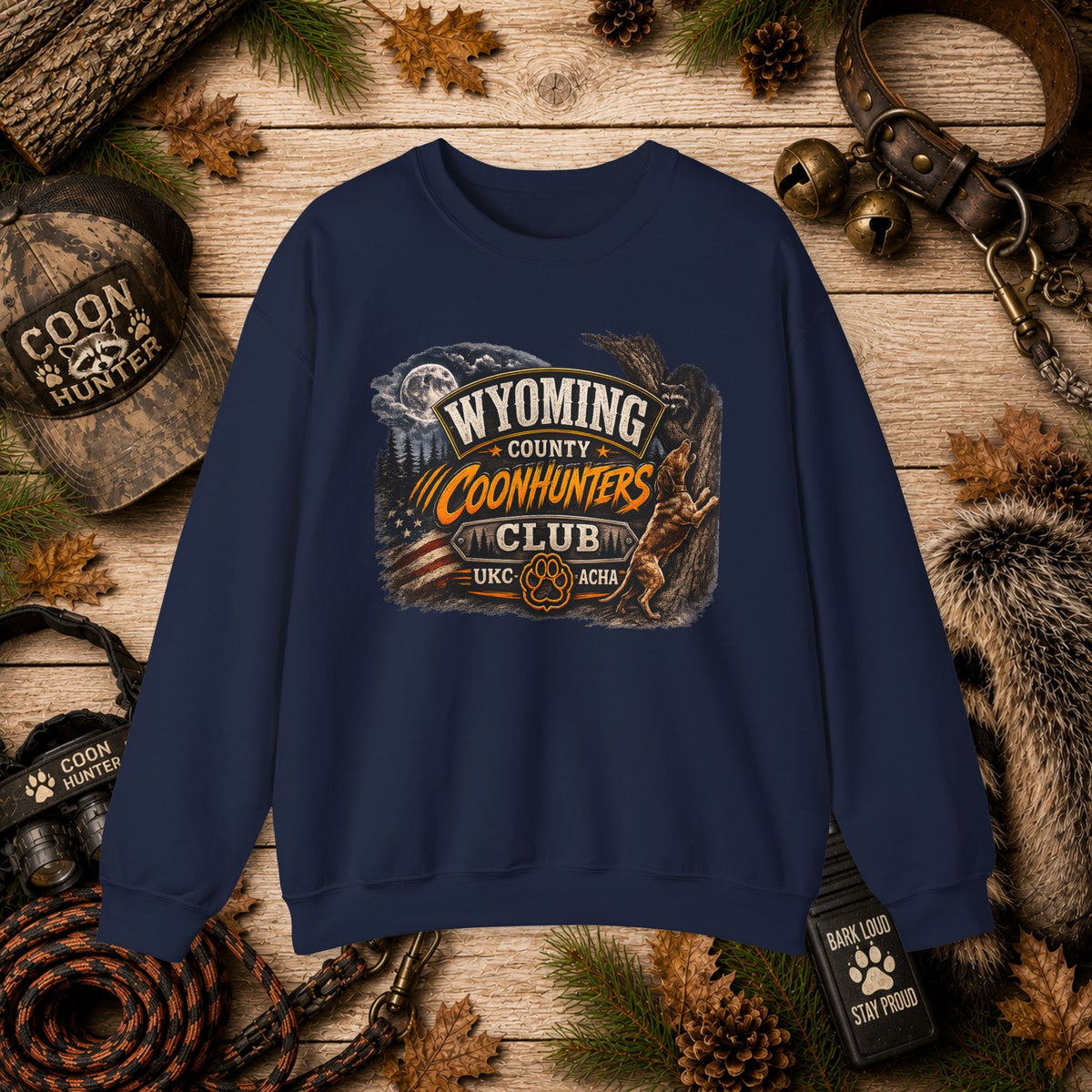 Wyoming County Coonhunters Club Sweatshirt Daul print Banner front/Badge back