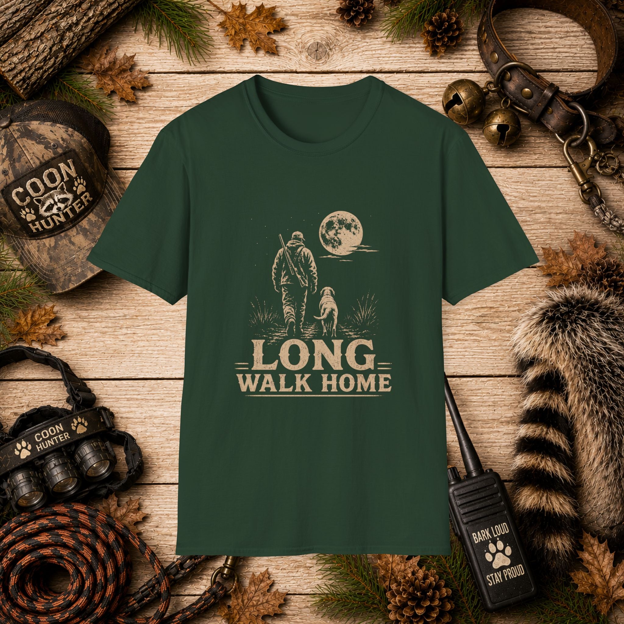 Long Walk Home Coon Hunting T-Shirt | Moonlit Houndsman & Dog Graphic Tee | Wild Wonderful Wear