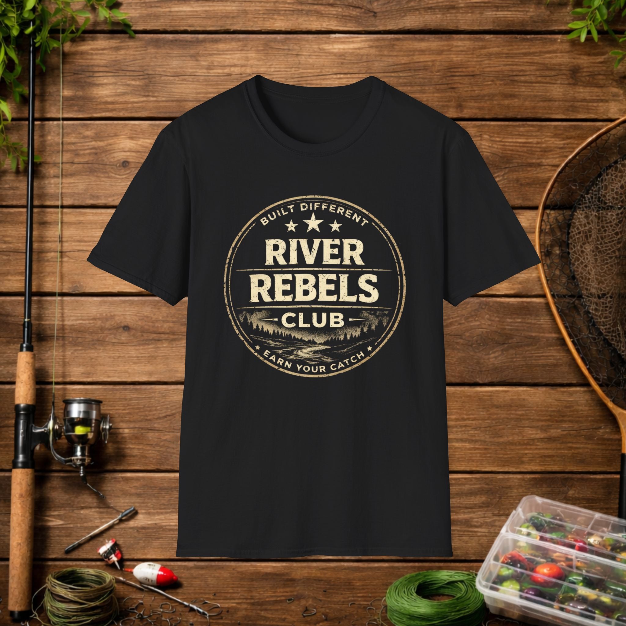 River Rebels Club Shirt – Built Different Fishing Tee – Earn Your Catch Outdoor Shirt – Rustic River Life Apparel
