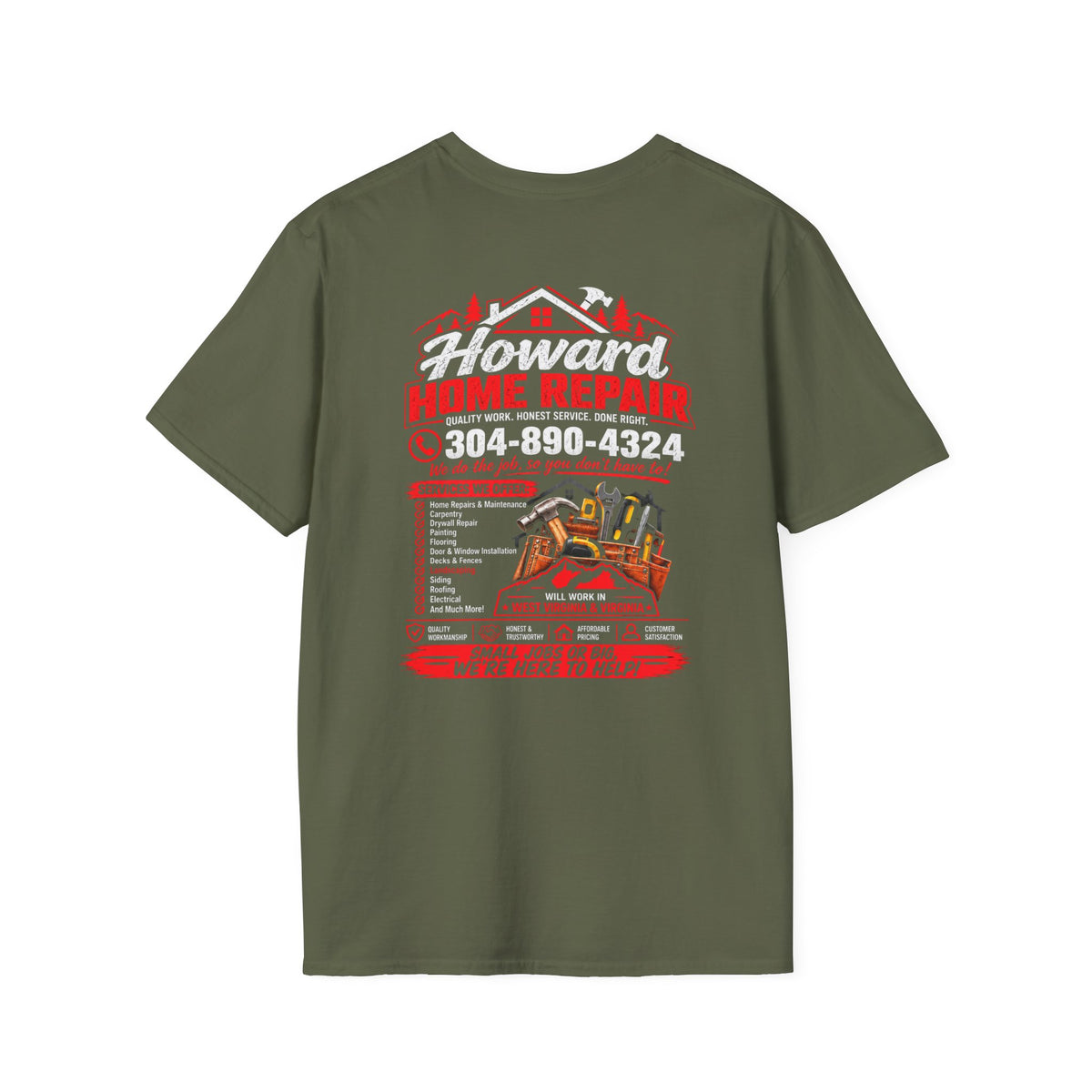 Home Repair T-Shirt — Howard Home Repair Crew Tee with Phone Number