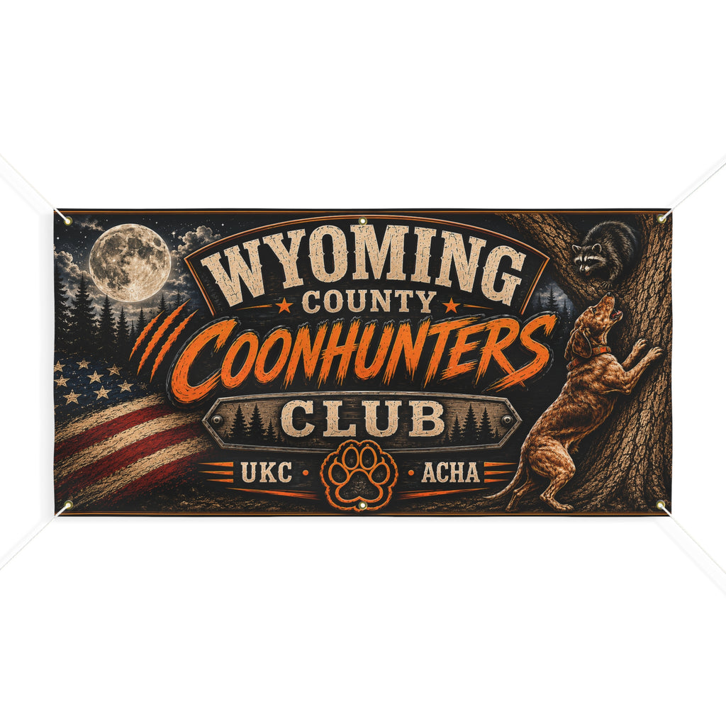 Wyoming County Coonhunters Club Banner — Outdoor Hunting Sign with American Flag & Moon