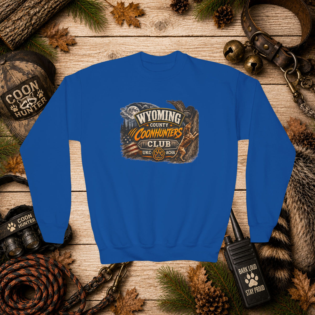 Wyoming Coonhunters Club Youth Crewneck Sweatshirt — Dual Print Banner front/Badge back