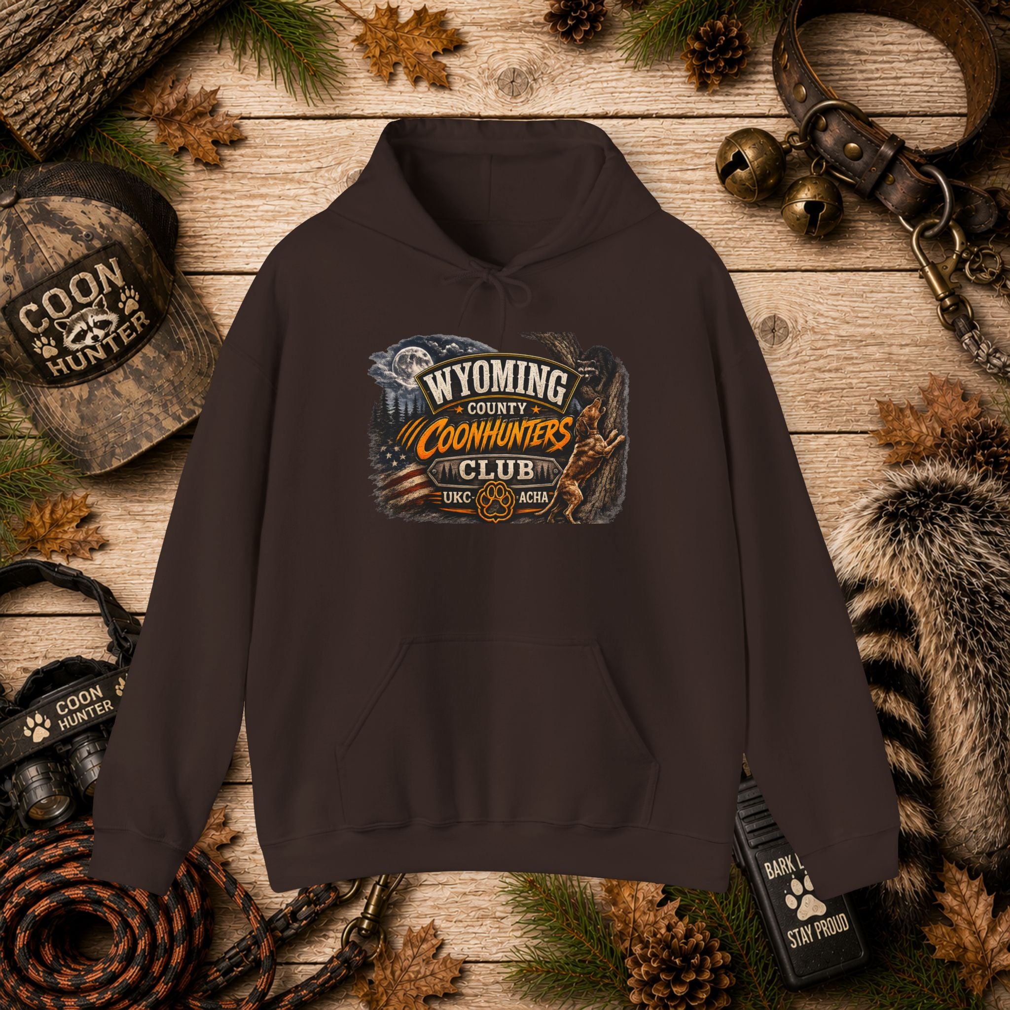 Wyoming Coonhunters Club Hoodie – Vintage Coon Hunting Graphic Dual print Banner front/Badge Back