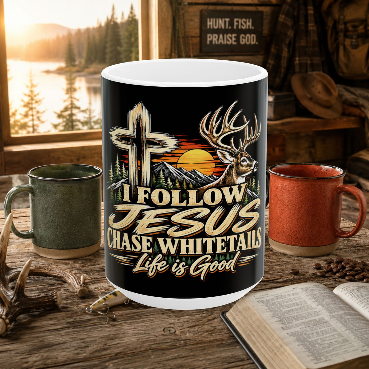 I Follow Jesus Chase Whitetails 15oz Mug | Christian Hunting Gift