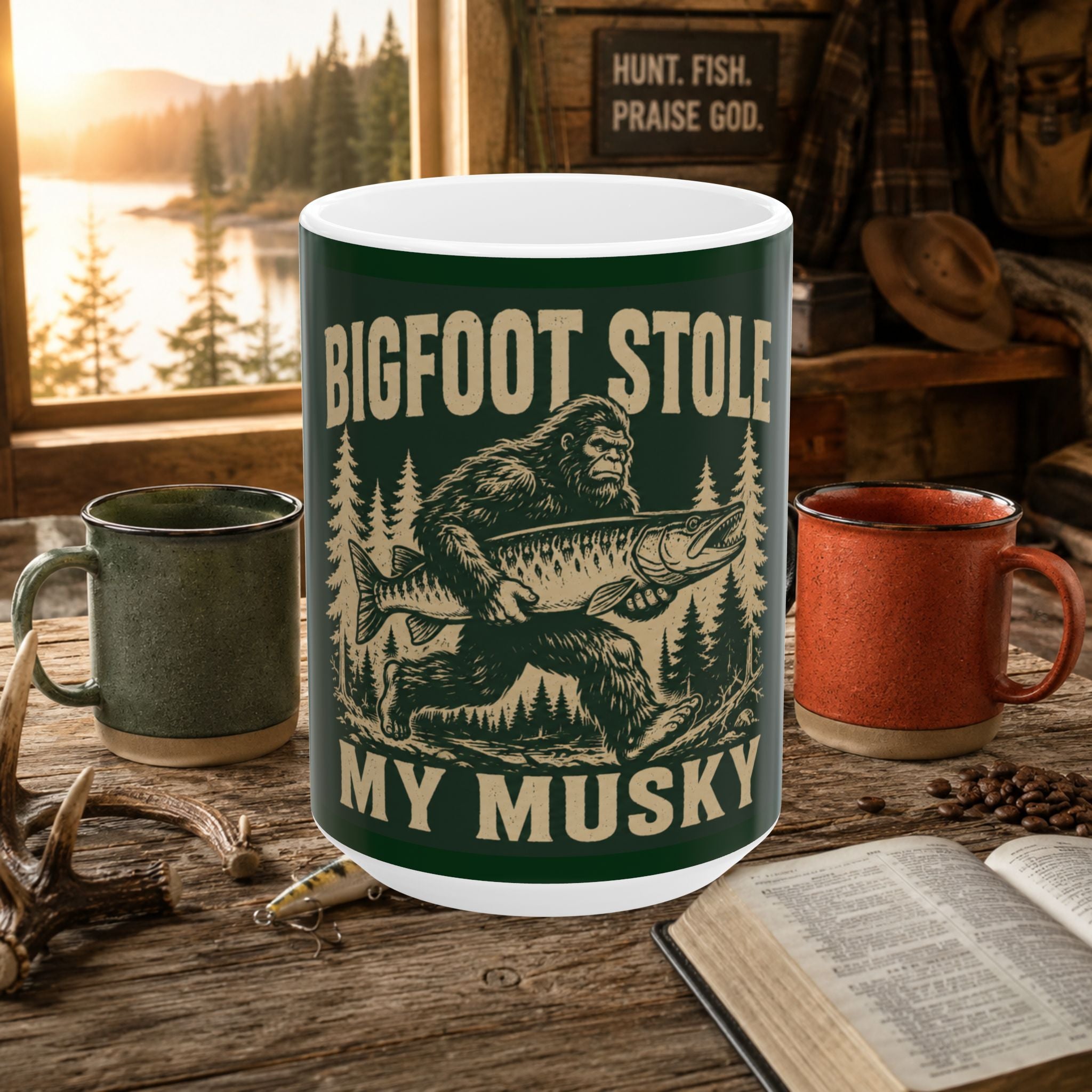 Bigfoot Stole My Musky Ceramic Mug — Funny Fishing Coffee Cup for Anglers