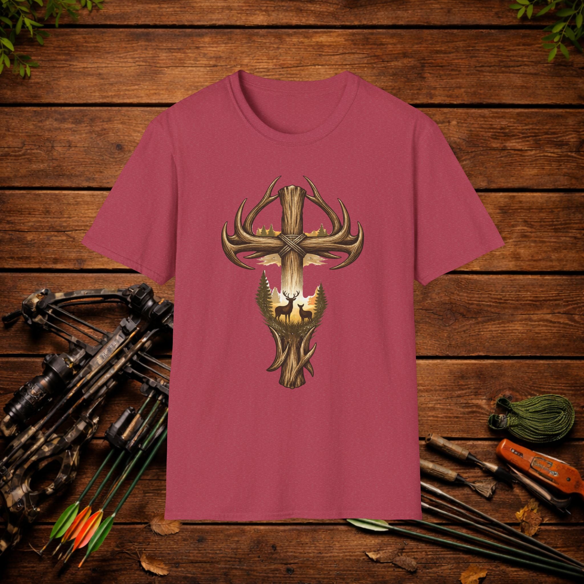 Christian Deer Hunting Shirt – Cross with Antlers Whitetail Tee – Faith Hunting Apparel – Rustic Outdoor Shirt