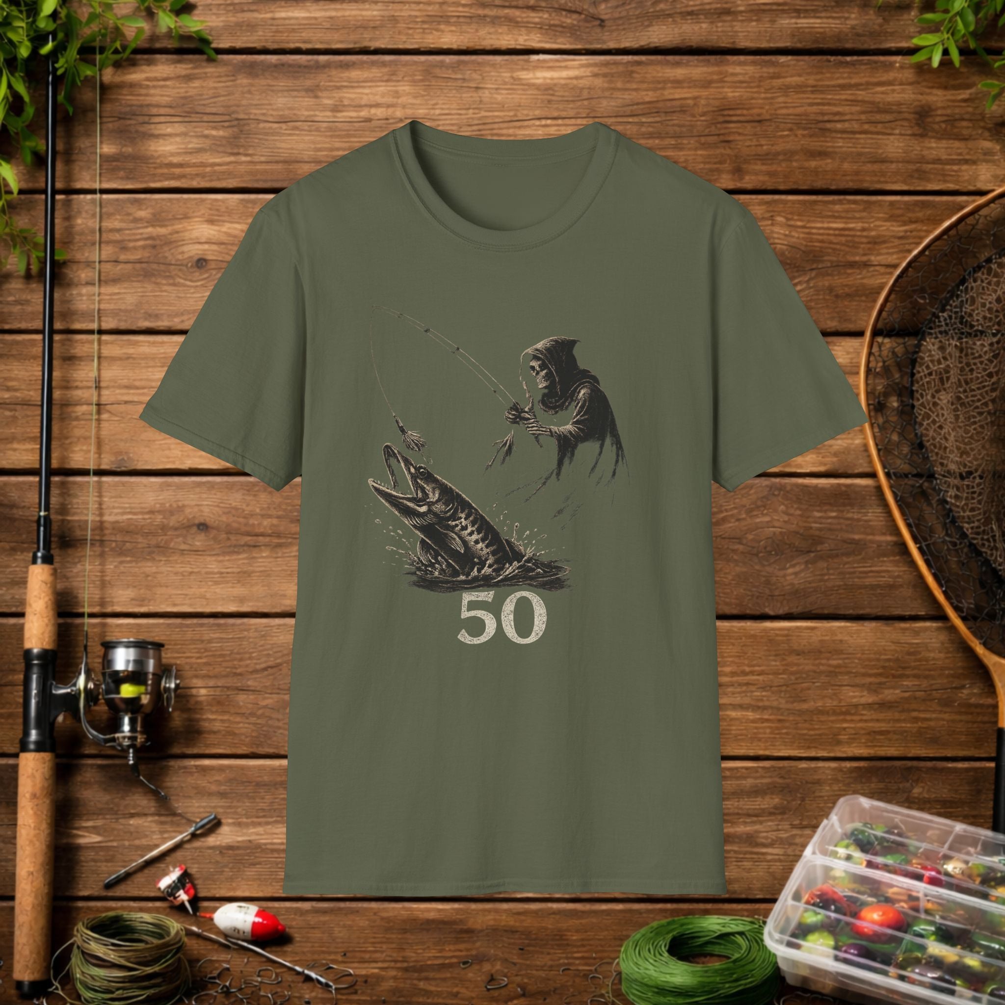 Musky Fishing T-Shirt – Grim Reaper Fishing Design “50” – Muskie Angler Shirt – Dark Fishing Tee – Gift for Fishermen