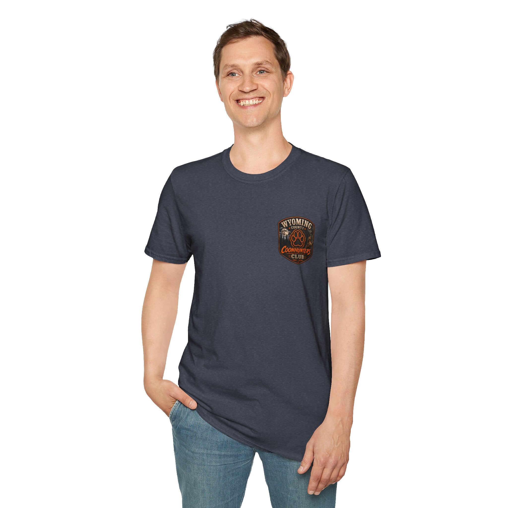 Wyoming Coonhunters Club T‑Shirt — front Badge with banner backTee
