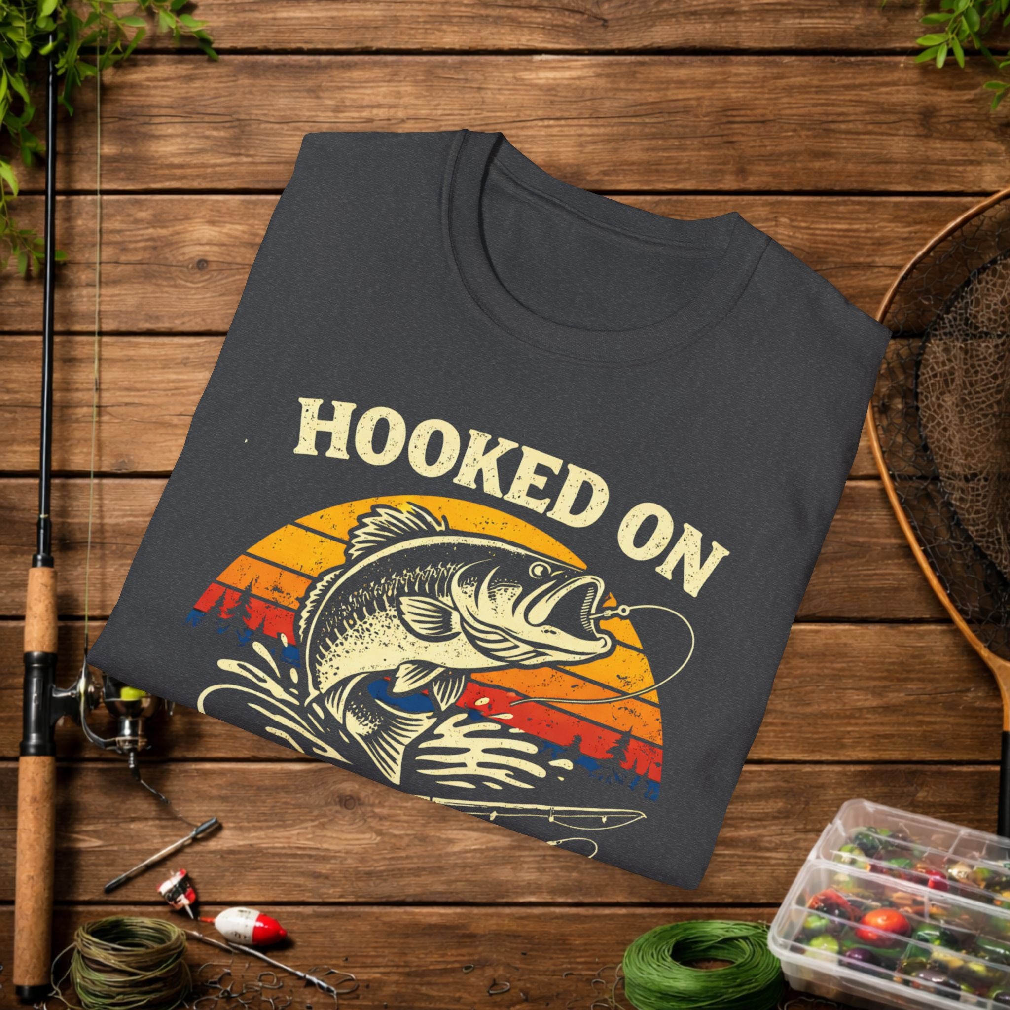 Hooked on Fishing Retro Sunset Shirt – Bass Fishing T-Shirt – Vintage Fisherman Tee – Largemouth Bass Angler Gift