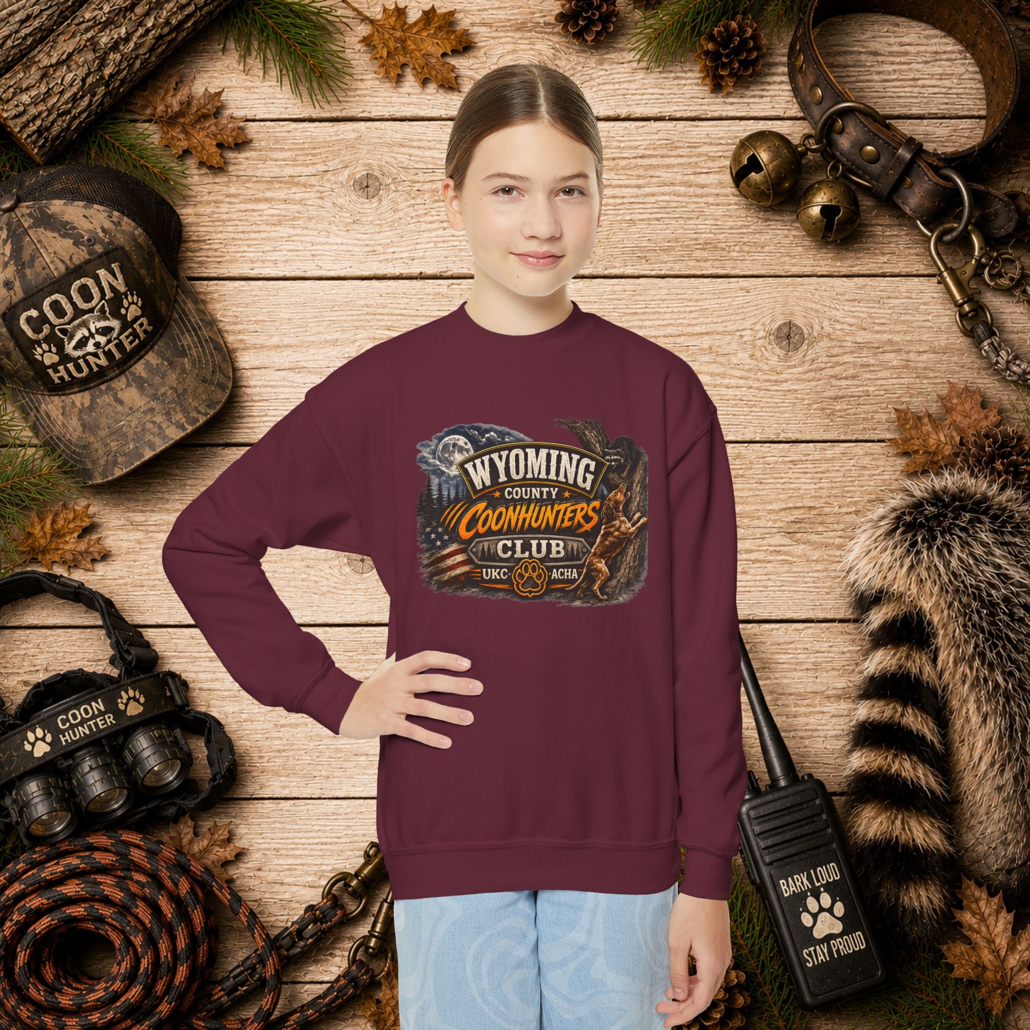 Wyoming Coonhunters Club Youth Crewneck Sweatshirt — Dual Print Banner front/Badge back