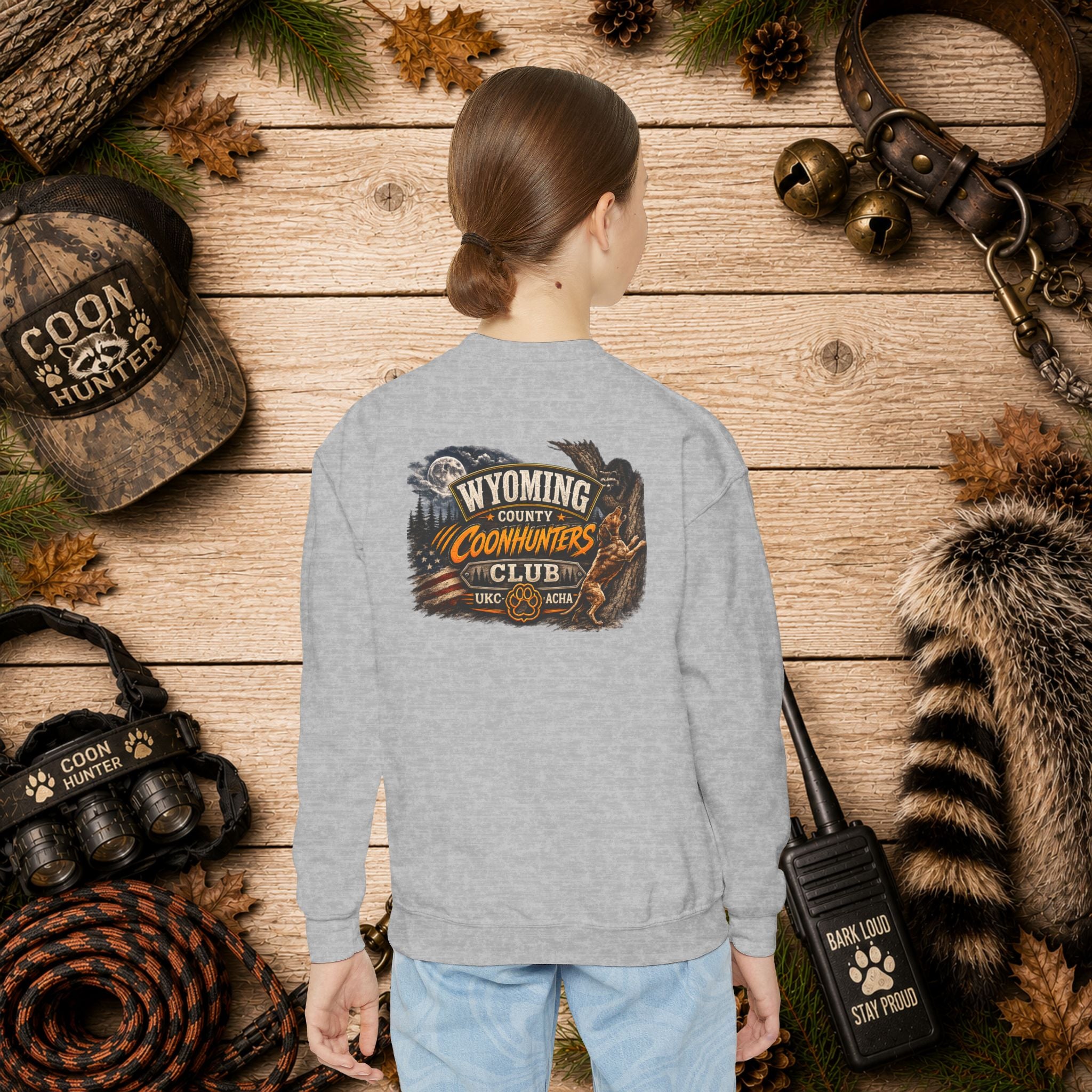 Youth Crewneck Sweatshirt — Wyoming Coonhunters Club Vintage Hunting Graphic Dual print Badge front/Banner back