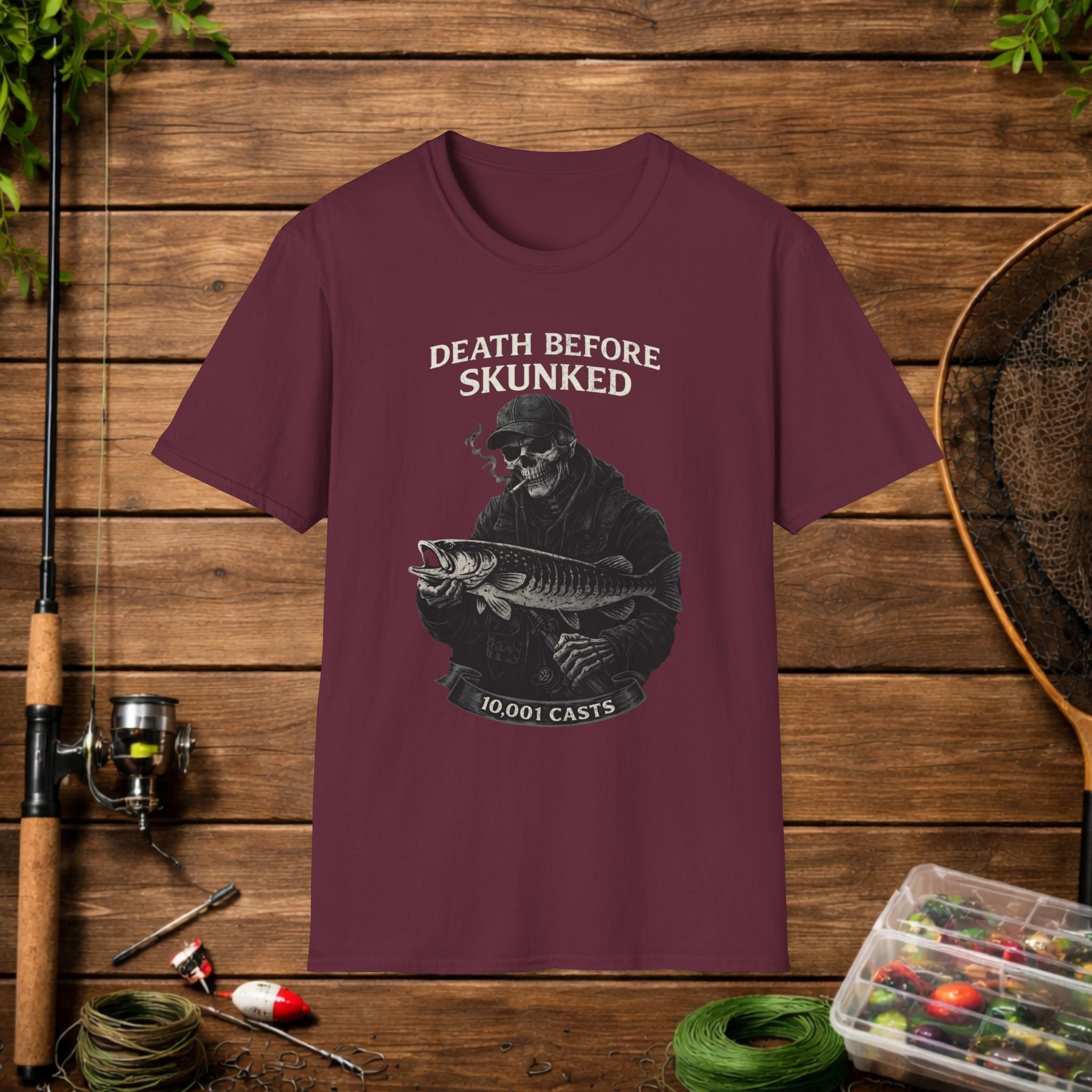Musky Fishing Shirt – Death Before Skunked – Grim Reaper Angler Tee – Muskie Fisherman Gift – Dark Fishing T-Shirt