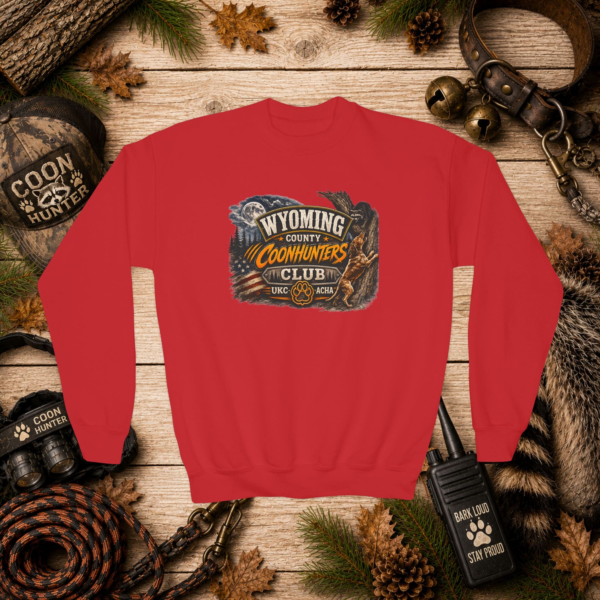 Wyoming Coonhunters Club Youth Crewneck Sweatshirt — Dual Print Banner front/Badge back