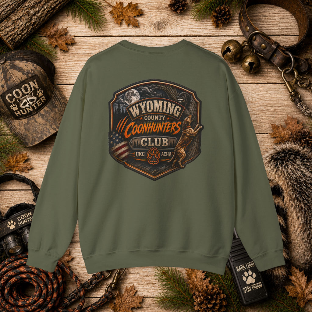 Wyoming County Coonhunters Club Sweatshirt Daul print Banner front/Badge back