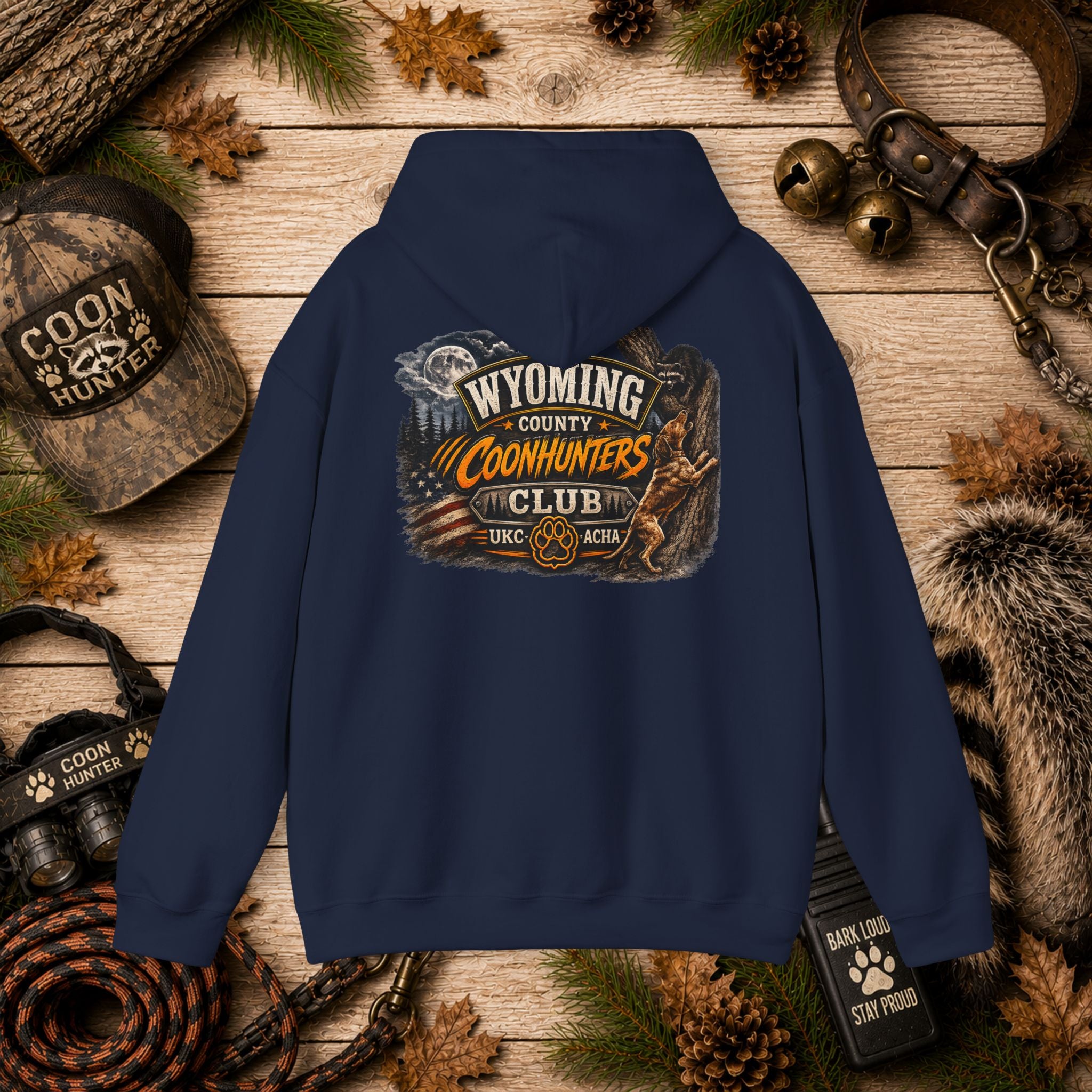 Wyoming Coonhunters Club Hoodie – Dual print badge front/banner back