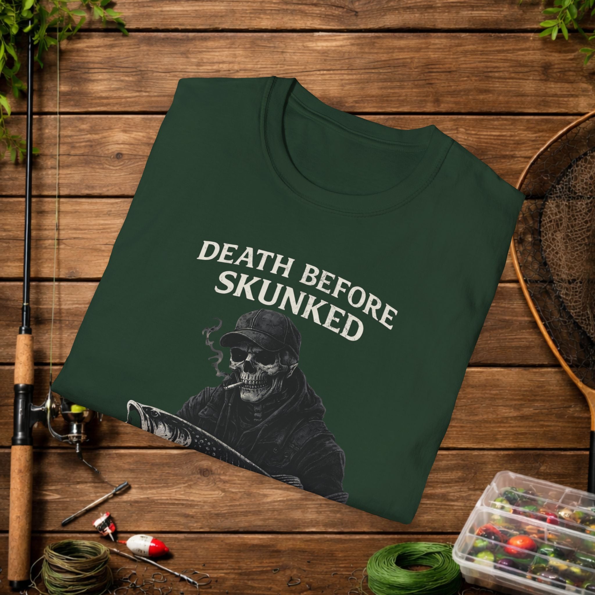 Musky Fishing Shirt – Death Before Skunked – Grim Reaper Angler Tee – Muskie Fisherman Gift – Dark Fishing T-Shirt