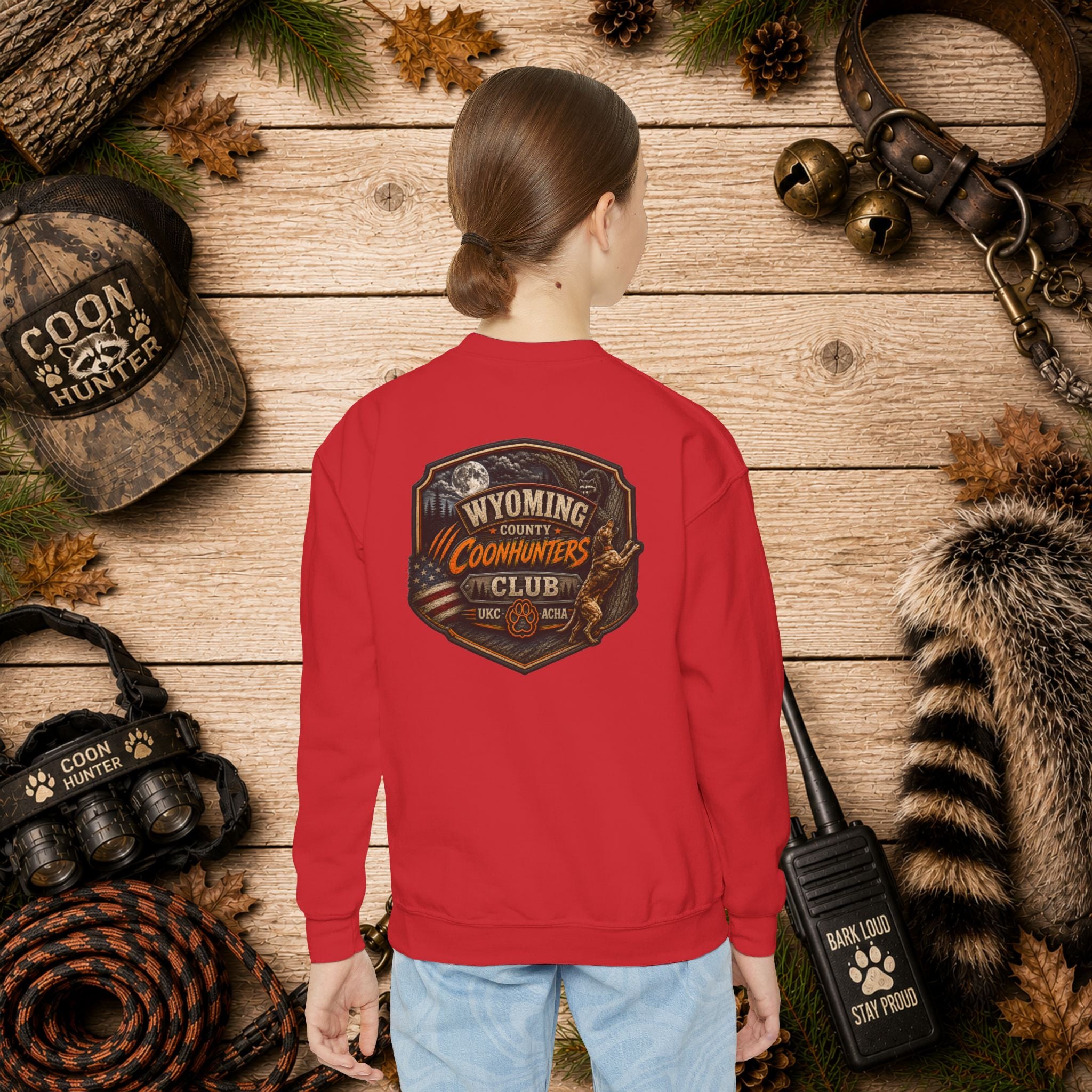 Wyoming Coonhunters Club Youth Crewneck Sweatshirt — Dual Print Banner front/Badge back
