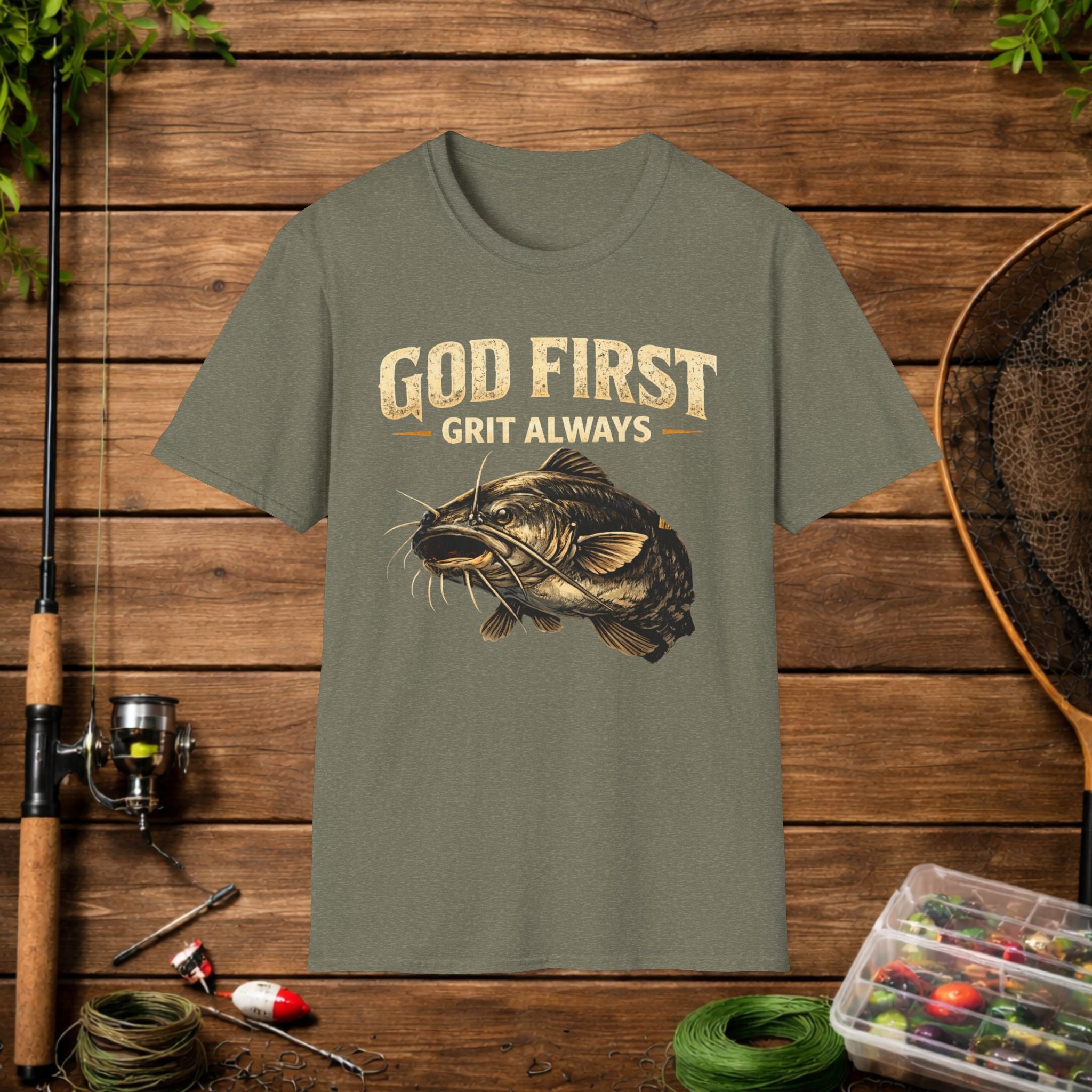 God First Grit Always Shirt – Catfish Fishing Tee – Faith Based Outdoor Shirt – Christian River Life Apparel