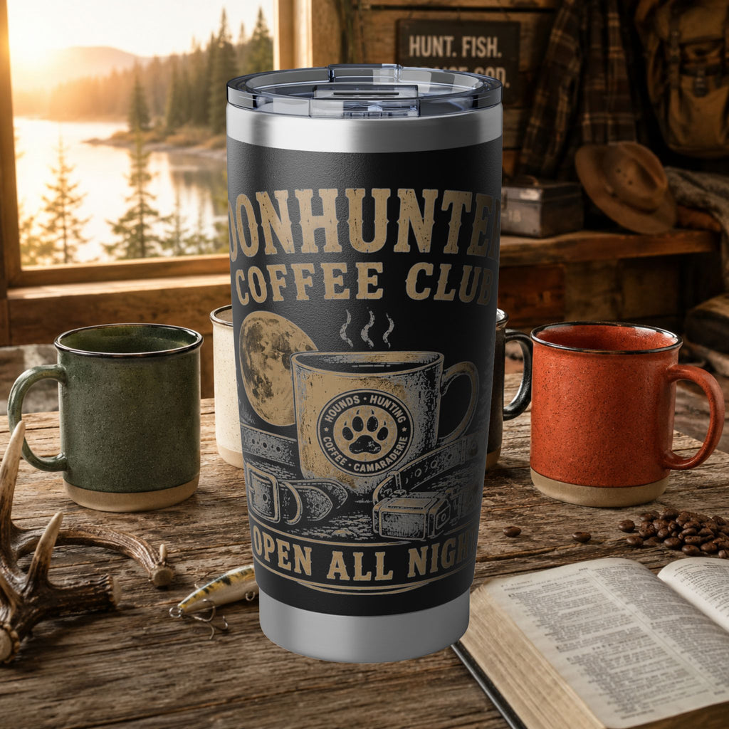 Coon Hunter Coffee Club 20oz Tumbler — "Open All Night" Houndsman Insulated Travel Mug