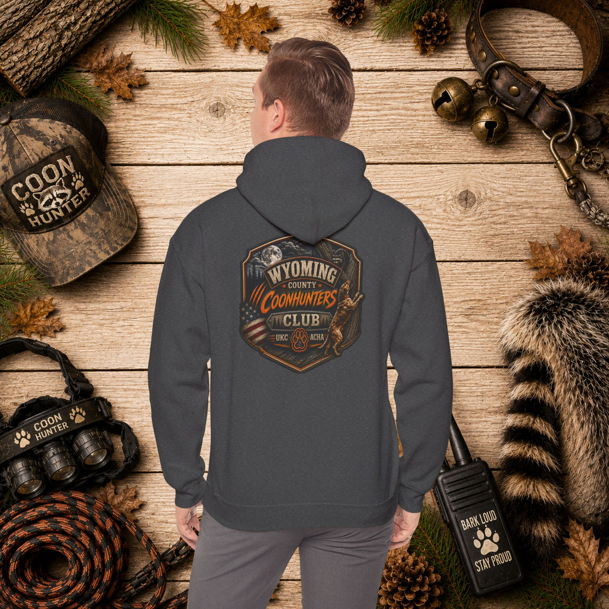 Wyoming County Coonhunters Club Hoodie – Rustic Hunting Badge Sweatshirt