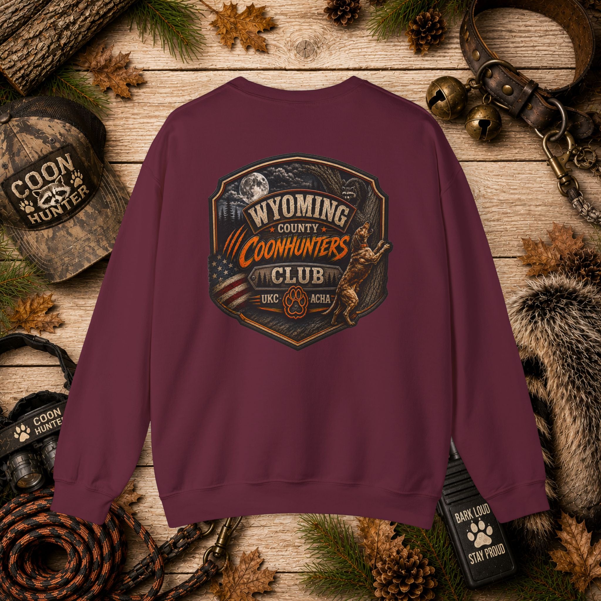 Coonhunters Club Crewneck Sweatshirt - Wyoming County Vintage Hunting Badge