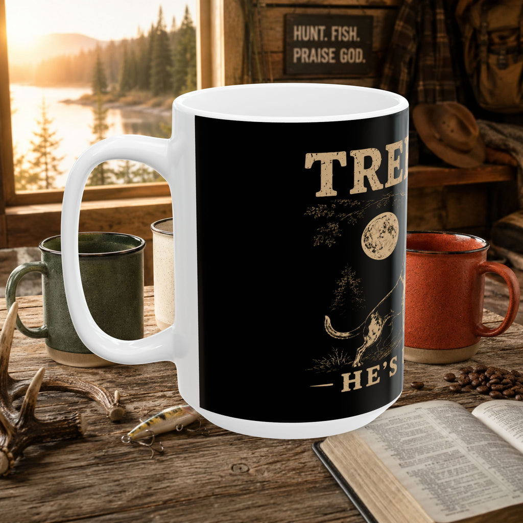 Coon Hunting Mug — "Tree Talk: He's Up There" Hound Dog Ceramic Coffee Cup (11oz/15oz)