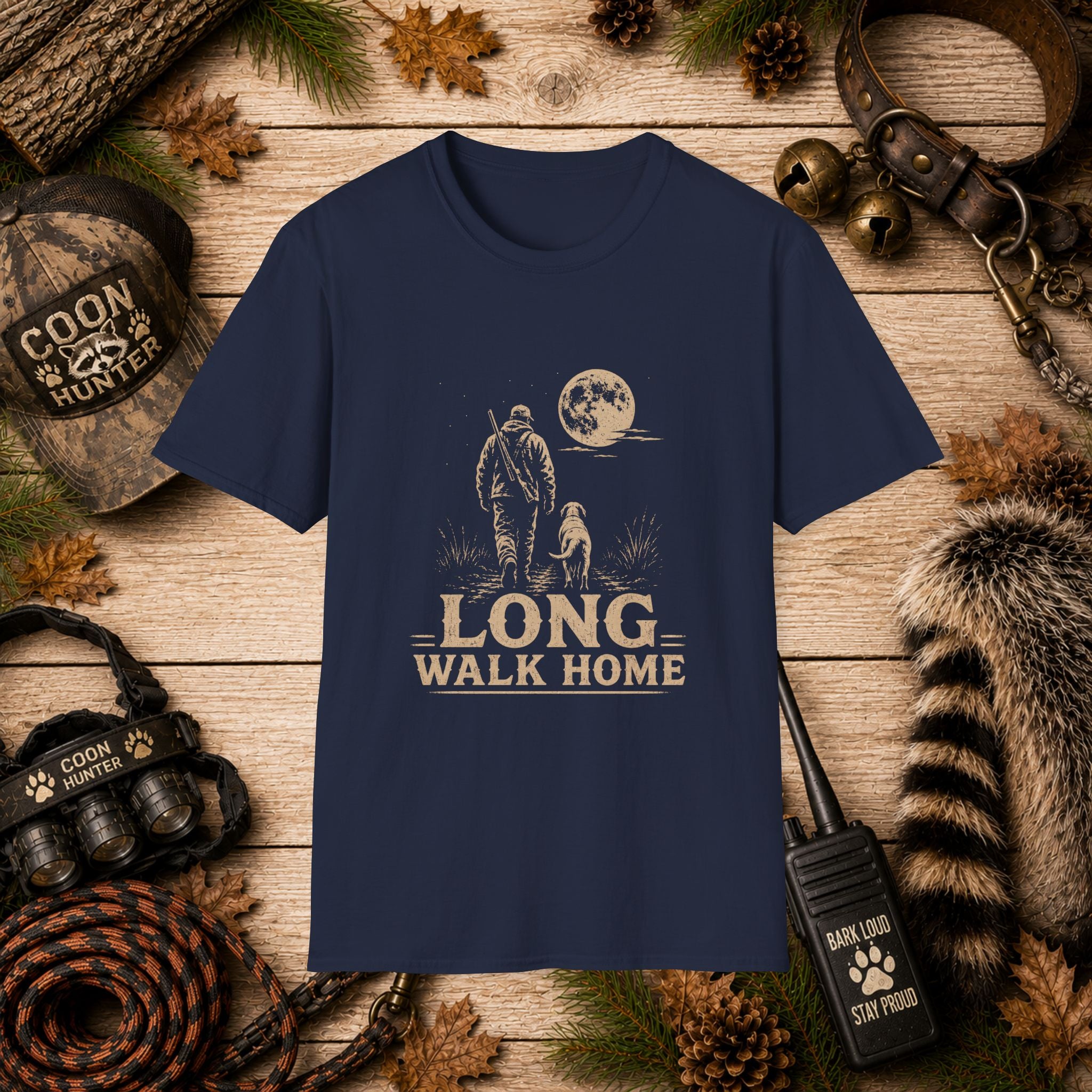 Long Walk Home Coon Hunting T-Shirt | Moonlit Houndsman & Dog Graphic Tee | Wild Wonderful Wear