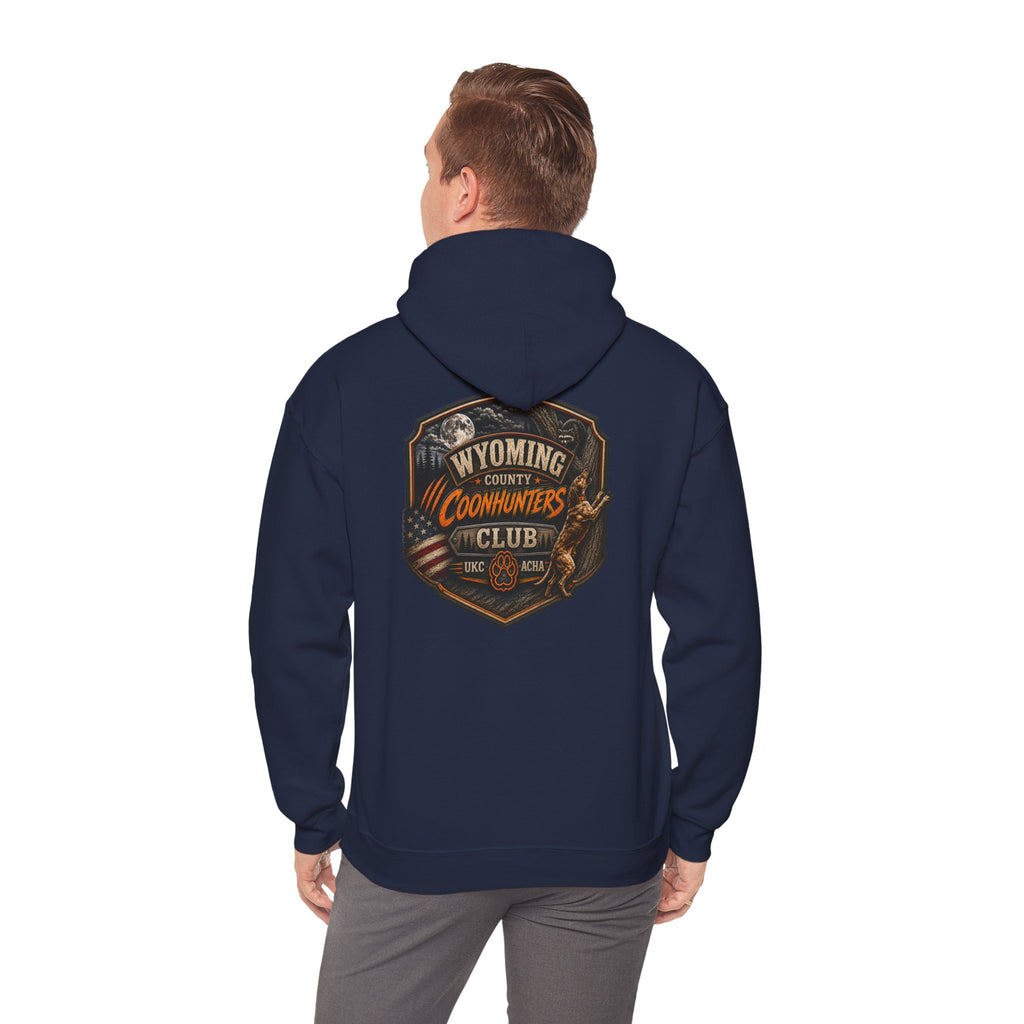 Wyoming Coonhunters Club Hoodie – Vintage Coon Hunting Graphic Dual print Banner front/Badge Back