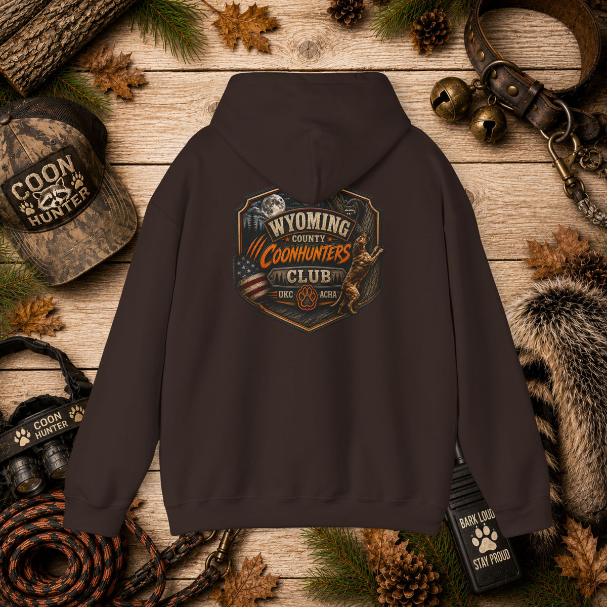 Wyoming County Coonhunters Club Hoodie – Rustic Hunting Badge Sweatshirt