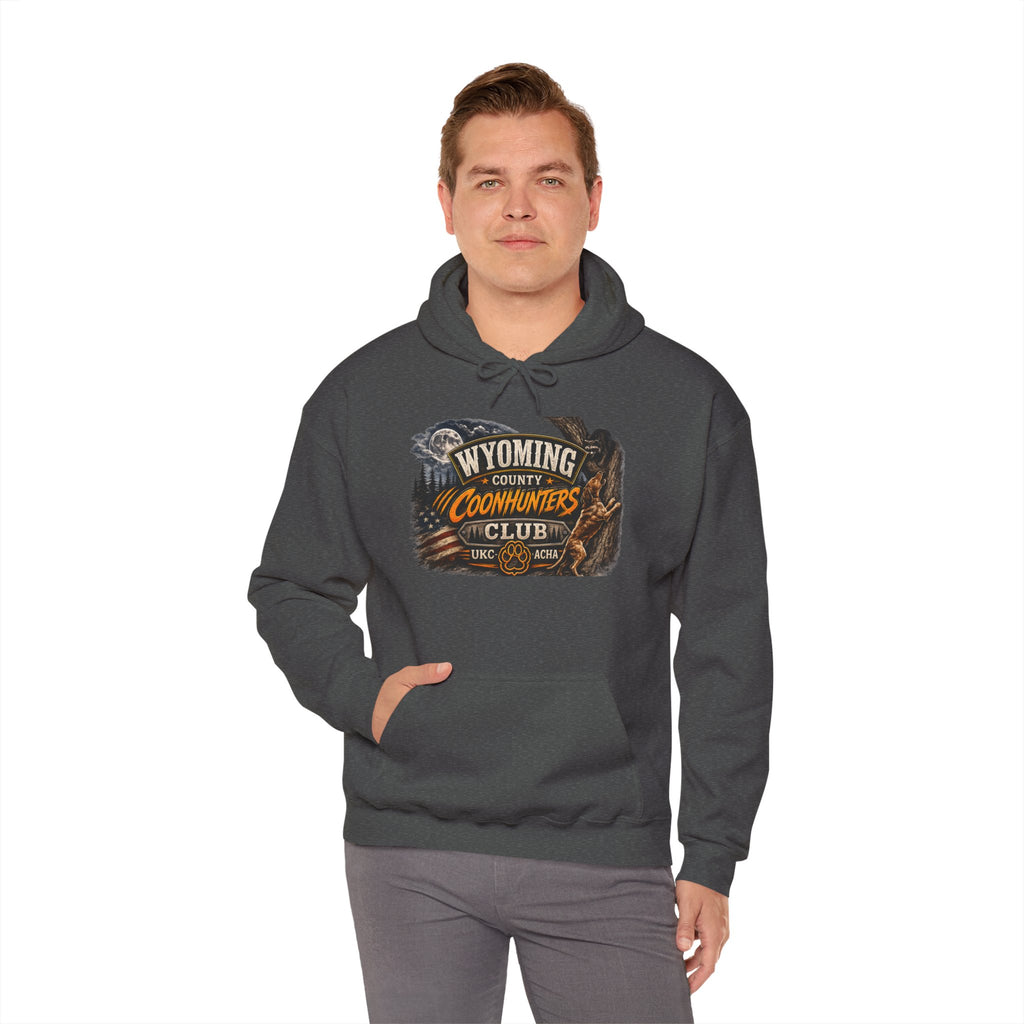 Wyoming Coonhunters Club Hoodie – Vintage Coon Hunting Graphic Dual print Banner front/Badge Back
