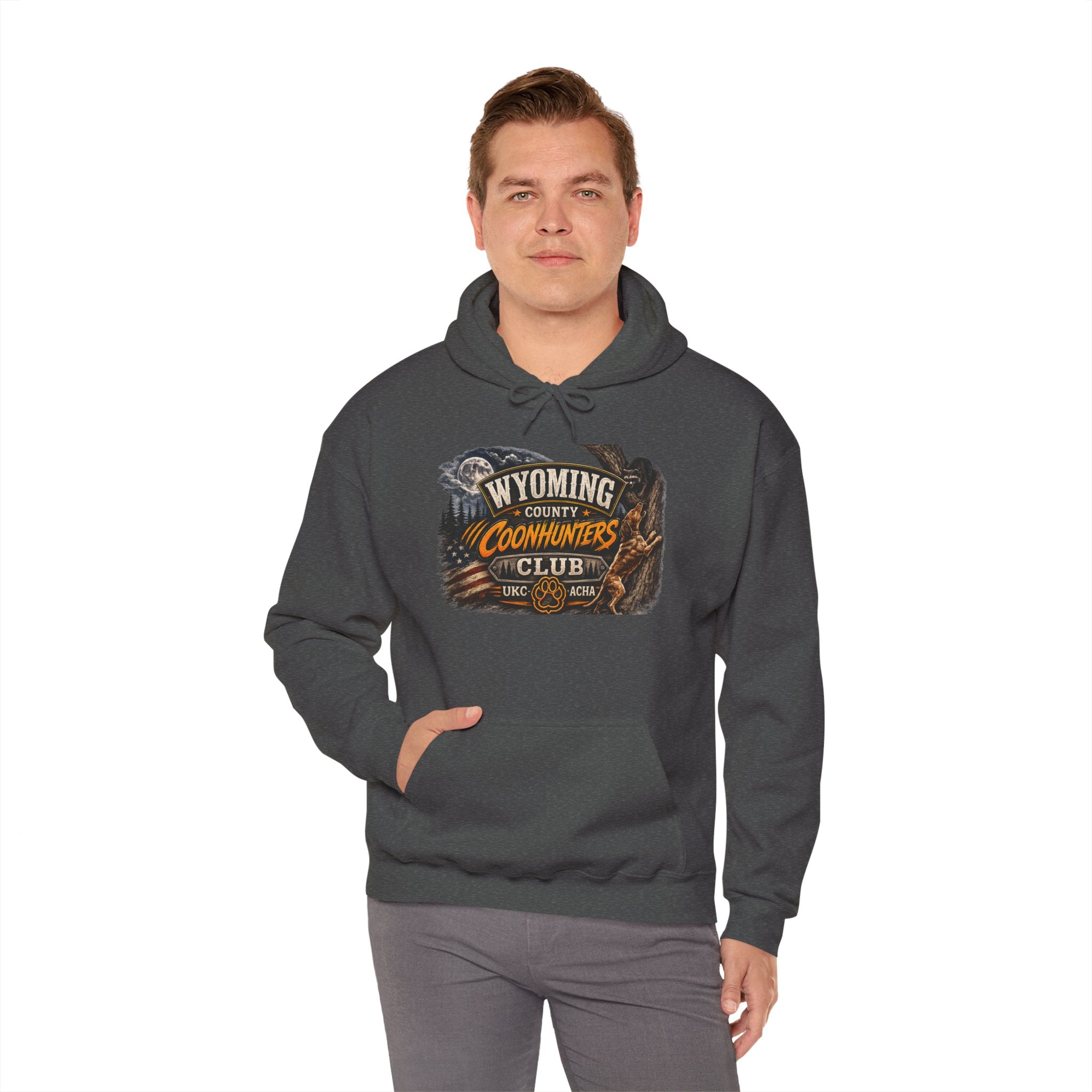 Wyoming Coonhunters Club Hoodie – Vintage Coon Hunting Graphic Dual print Banner front/Badge Back