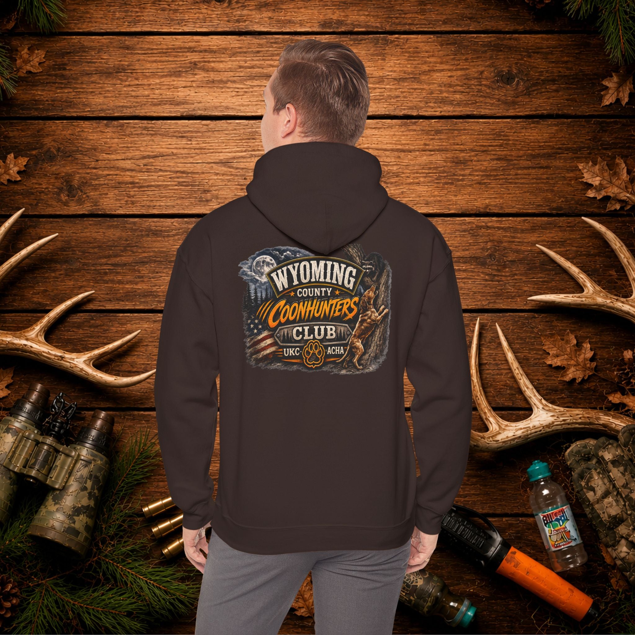 Coonhunters Club Hoodie — Wyoming County Retro Hunting Graphic