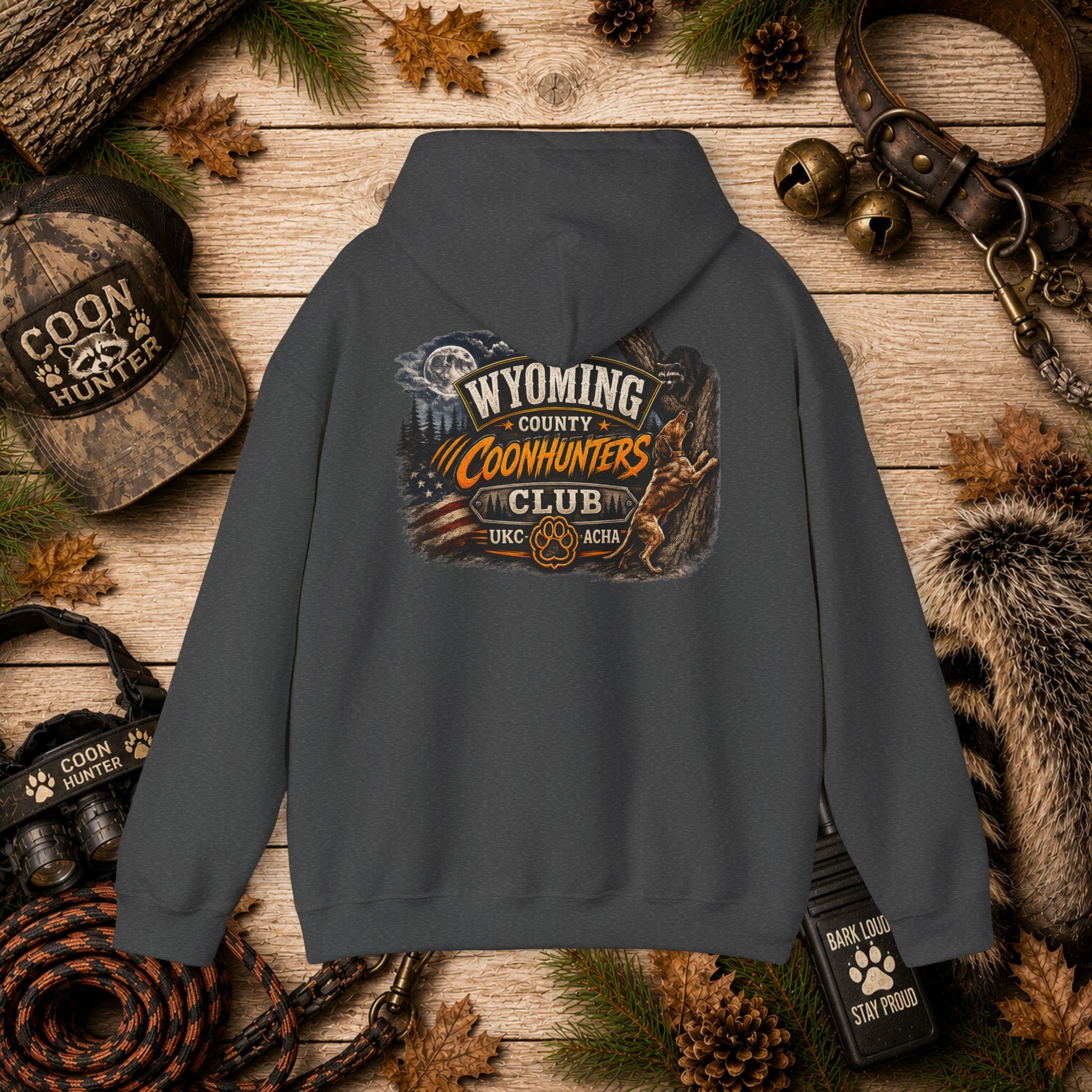 Wyoming Coonhunters Club Hoodie – Dual print badge front/banner back