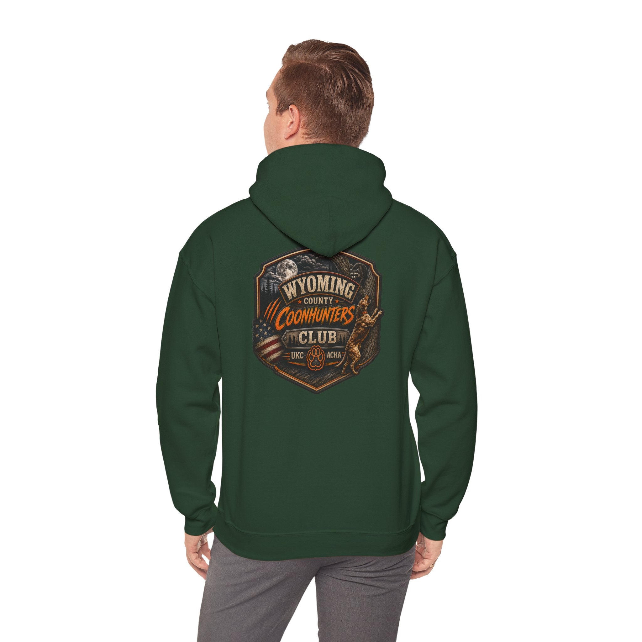 Wyoming Coonhunters Club Hoodie – Vintage Coon Hunting Graphic Dual print Banner front/Badge Back