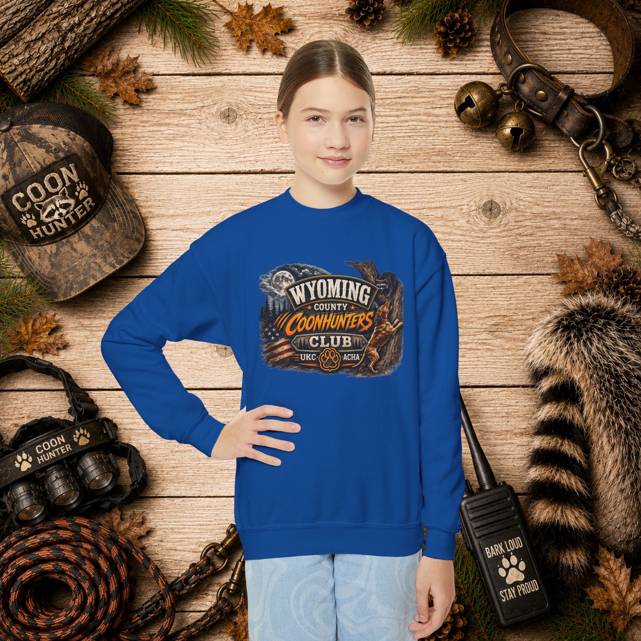Wyoming Coonhunters Club Youth Crewneck Sweatshirt — Dual Print Banner front/Badge back