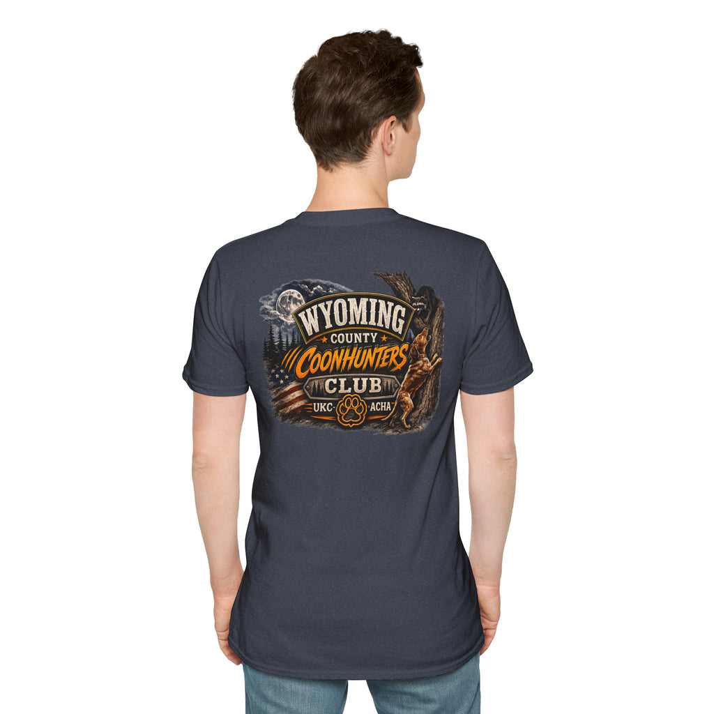 Wyoming Coonhunters Club T‑Shirt — front Badge with banner backTee