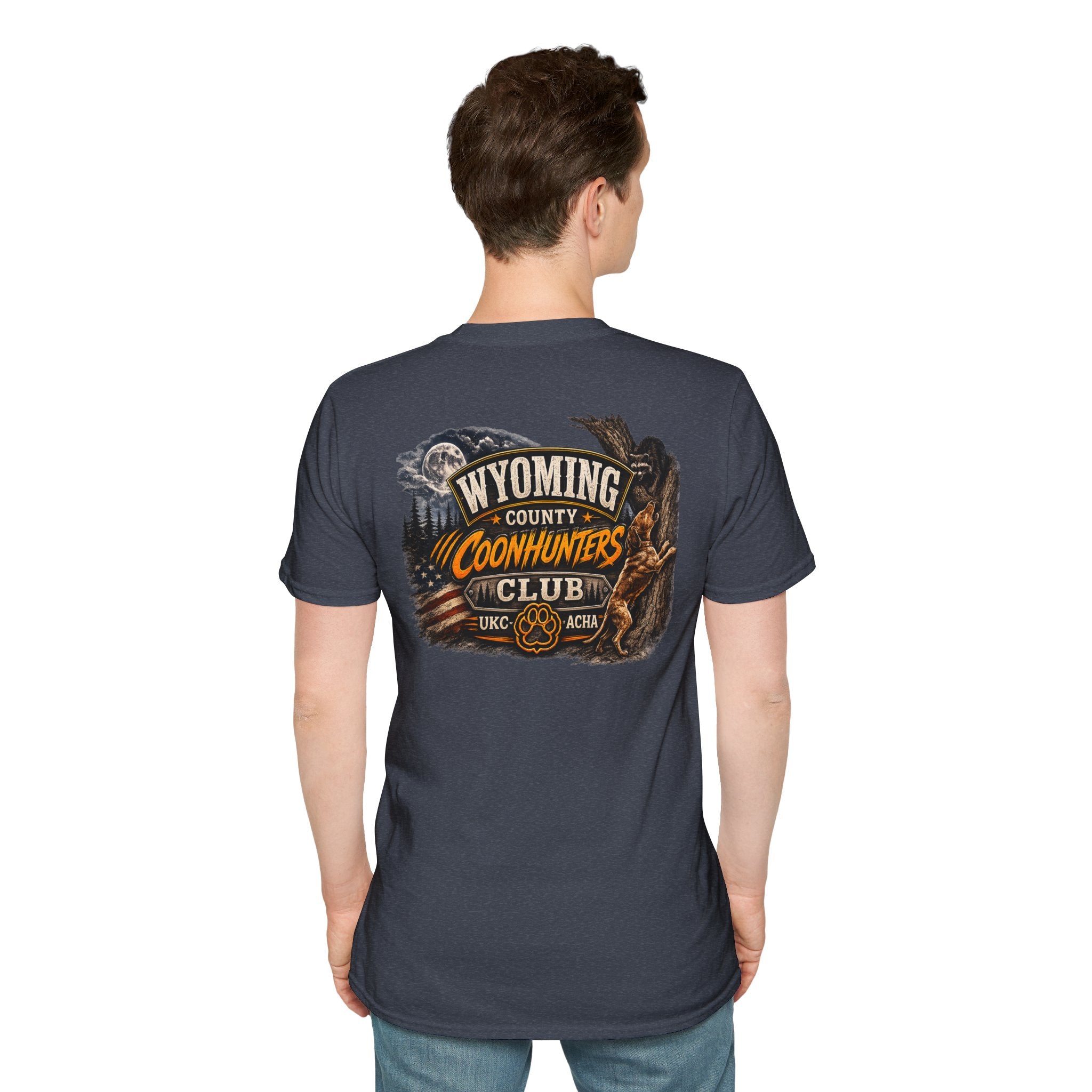 Wyoming Coonhunters Club T‑Shirt — front Badge with banner backTee