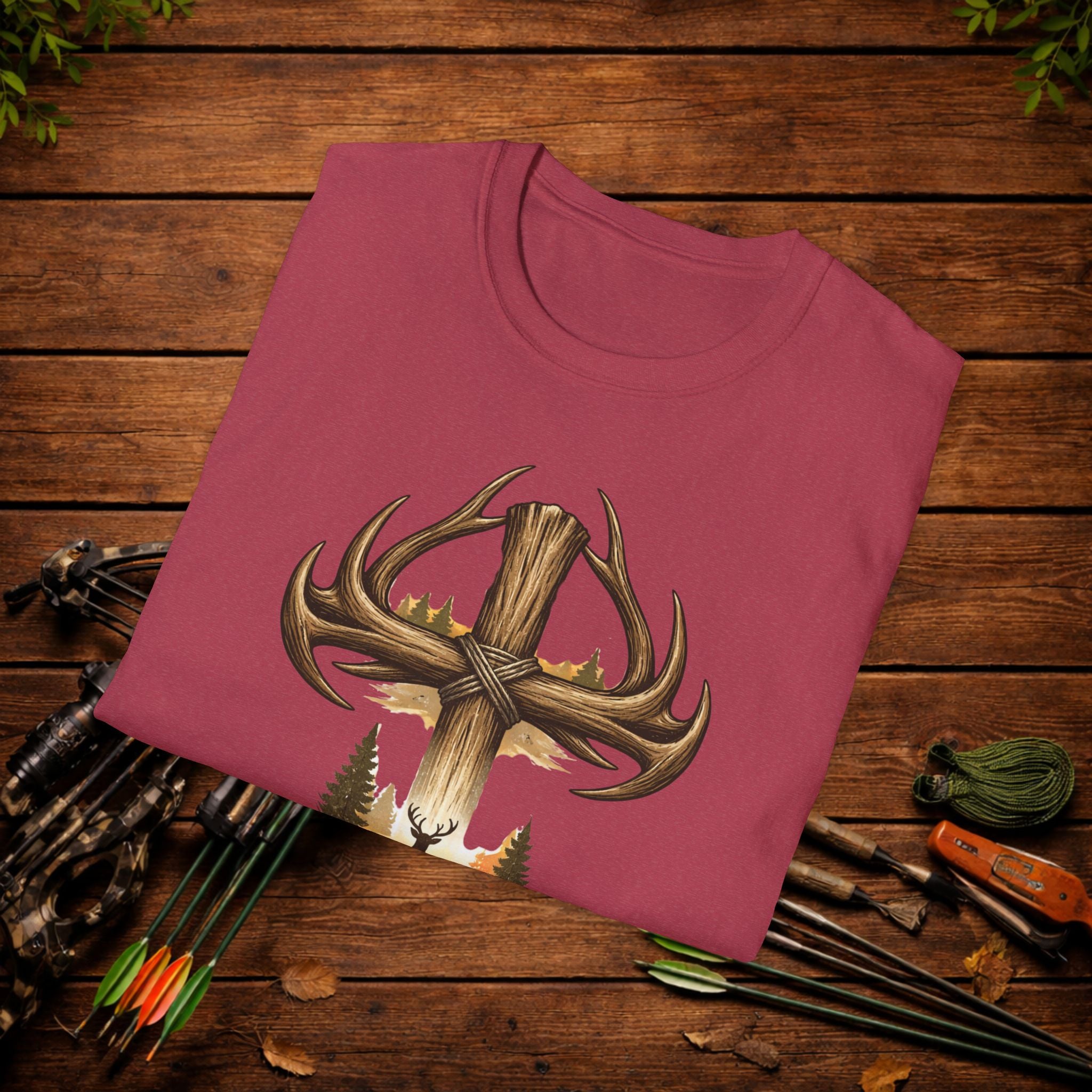 Christian Deer Hunting Shirt – Cross with Antlers Whitetail Tee – Faith Hunting Apparel – Rustic Outdoor Shirt
