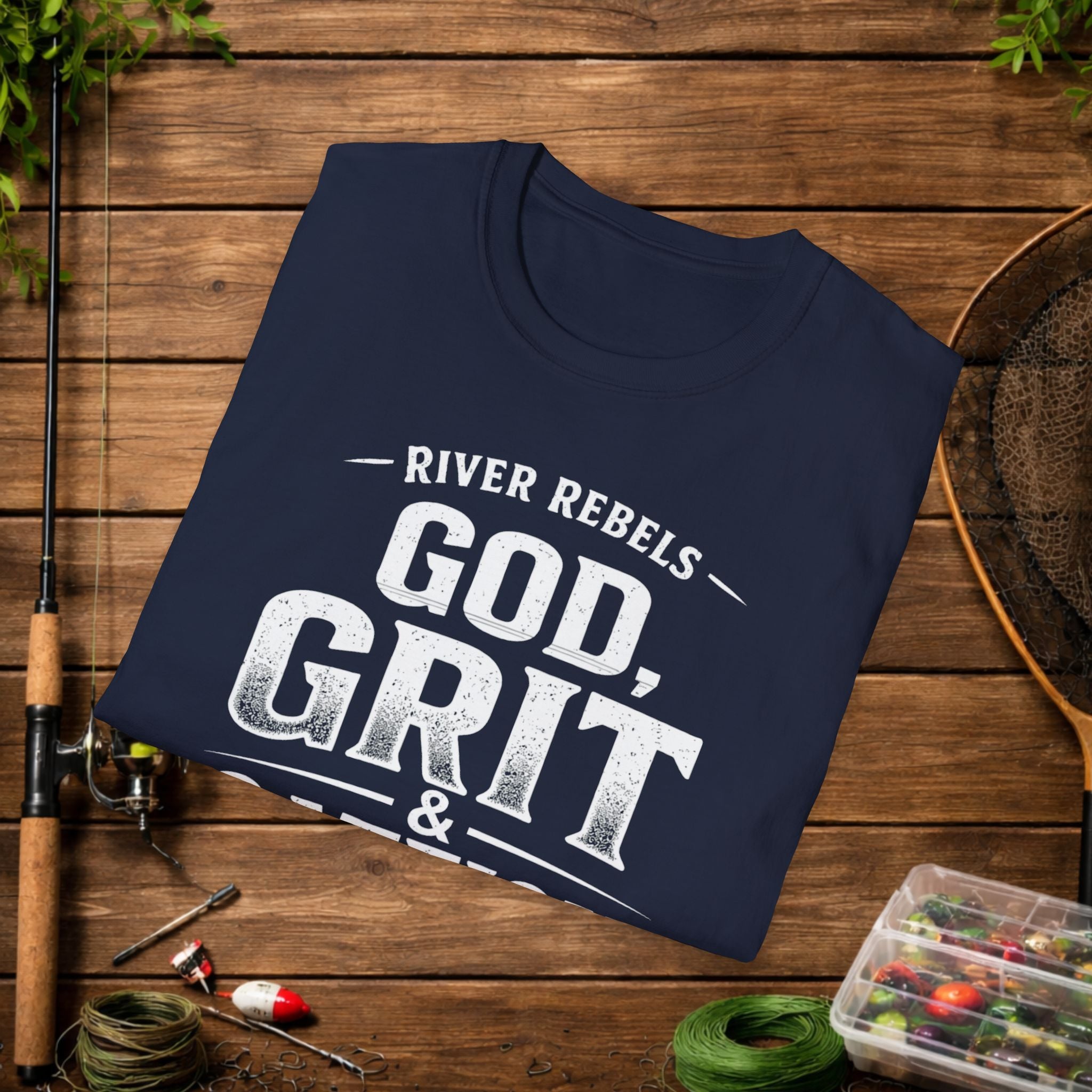 God Grit & Catfish Shirt – River Rebels Faith Fishing Tee – Christian Outdoor Shirt – Built Different Country Apparel