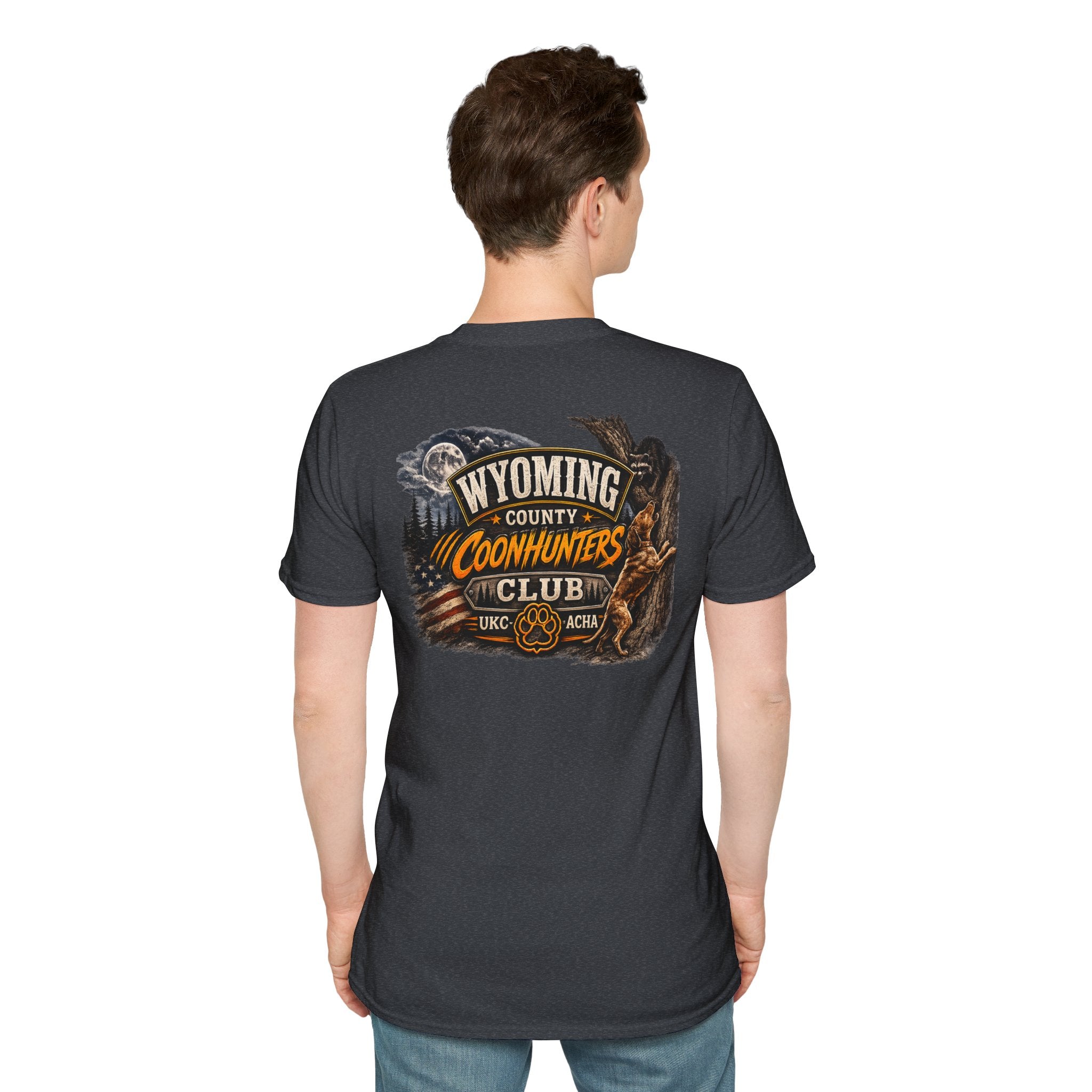 Wyoming Coonhunters Club T‑Shirt — front Badge with banner backTee