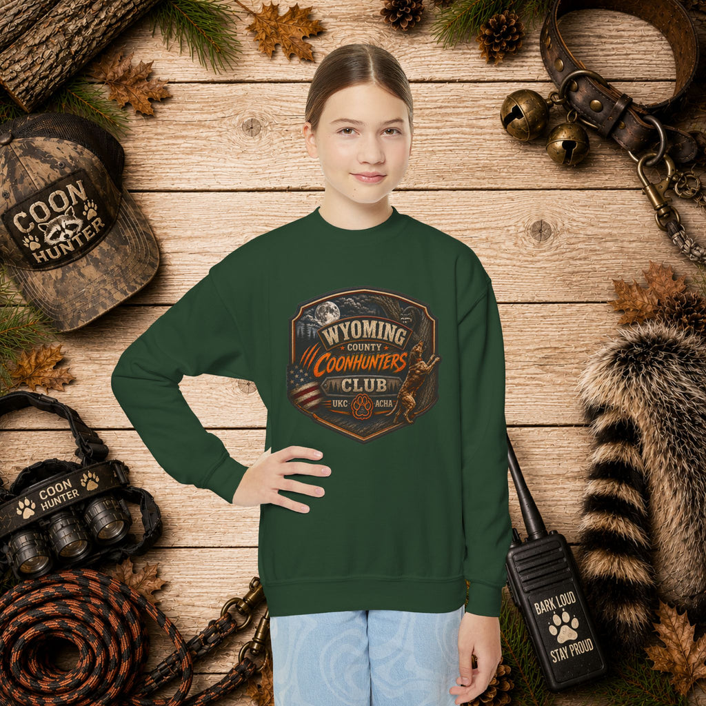 Youth Crewneck Sweatshirt — Wyoming Coonhunters Club Vintage Hunting Graphic Dual print Badge front/Banner back