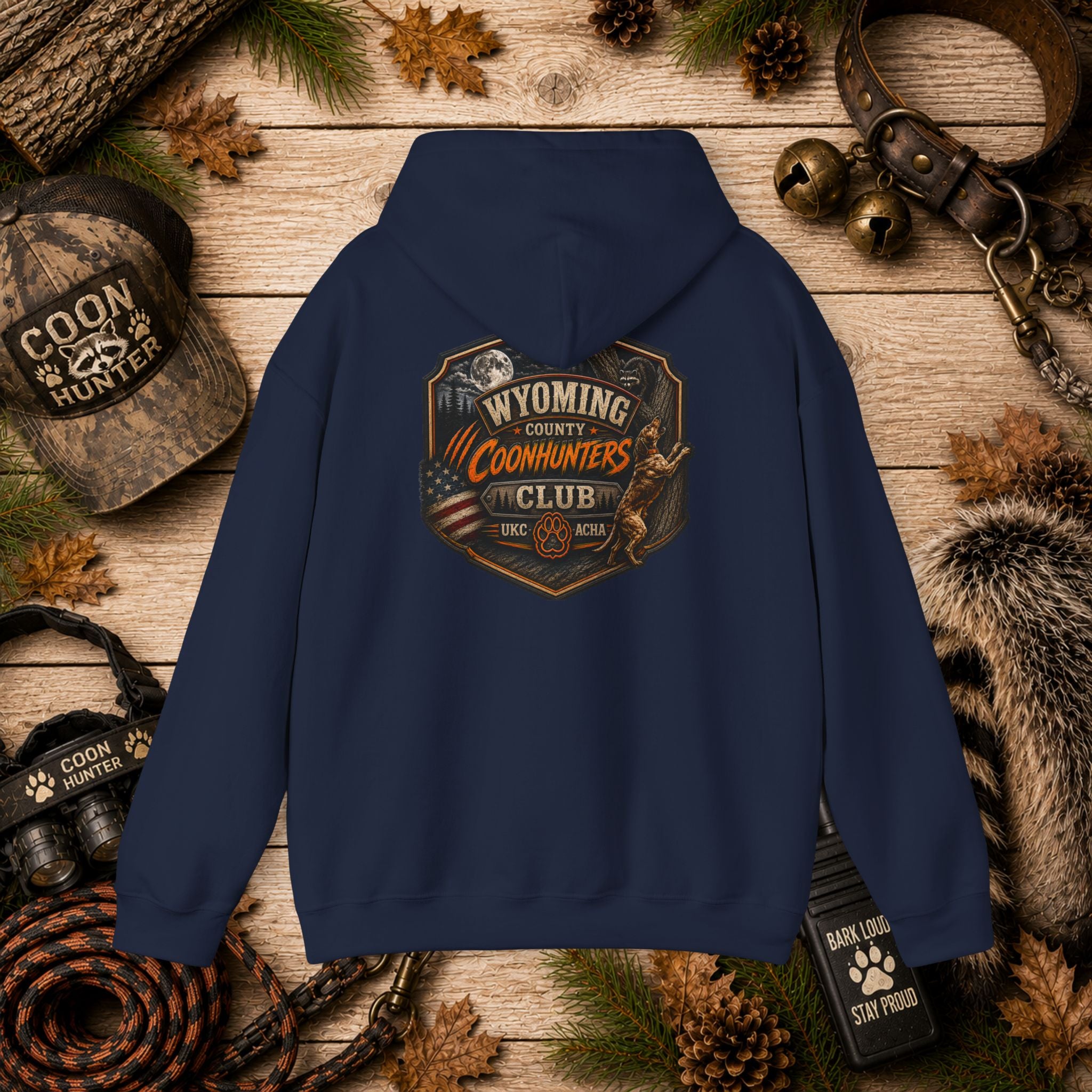 Wyoming County Coonhunters Club Hoodie – Rustic Hunting Badge Sweatshirt