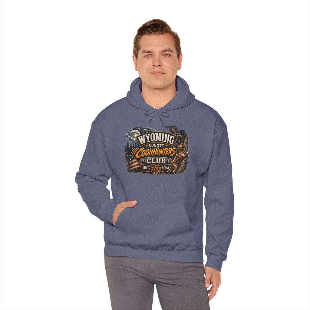 Wyoming Coonhunters Club Hoodie – Vintage Coon Hunting Graphic Dual print Banner front/Badge Back