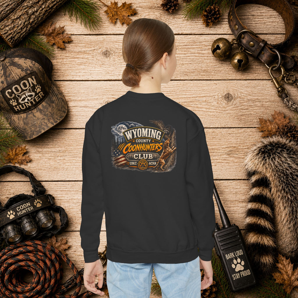Youth Crewneck Sweatshirt — Wyoming Coonhunters Club Vintage Hunting Graphic Dual print Badge front/Banner back
