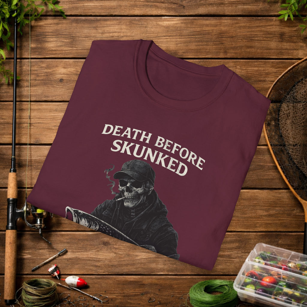 Musky Fishing Shirt – Death Before Skunked – Grim Reaper Angler Tee – Muskie Fisherman Gift – Dark Fishing T-Shirt